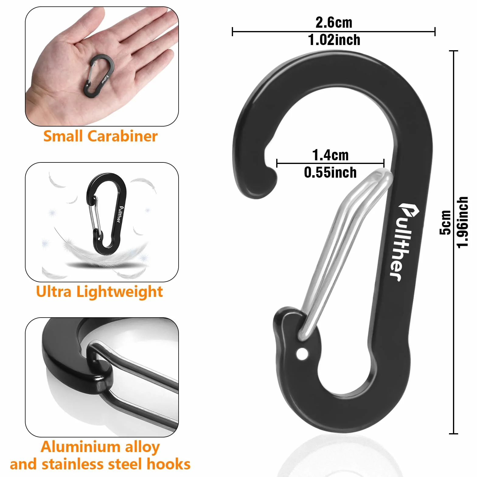 Lot de 20 Mousquetons Multifonction 50mm en Aluminium pour Plein Air Randonnée Camping Pêche