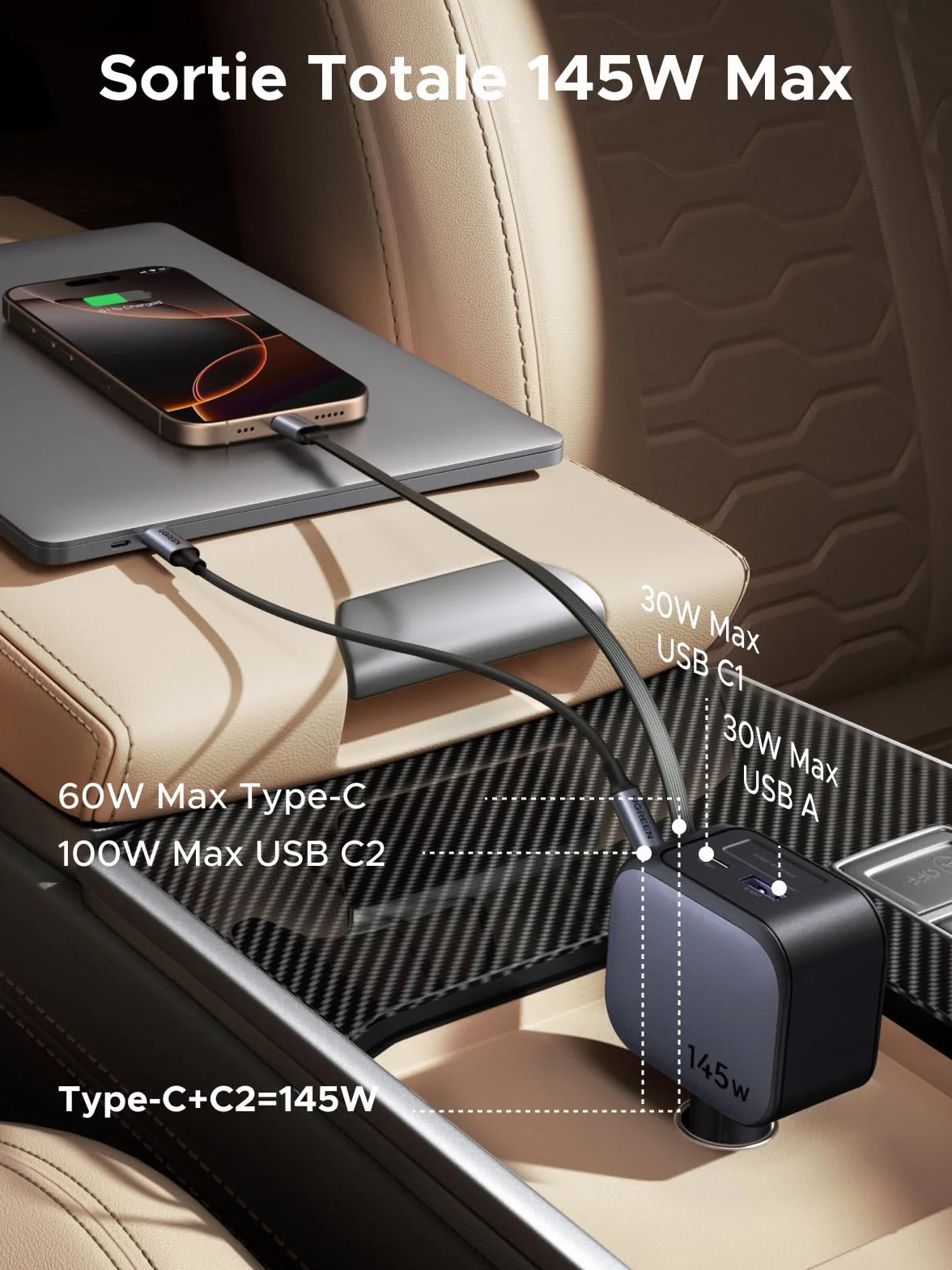 UGREEN Nexode 145W 4 en 1 Chargeur Allume Cigare USB C Rétractable Chargeur Voiture Charge Rapide Compact Compatible avec iPhone 17 Pro Max Air 16 15 MacBook Pro Air iPad Galaxy Tab Galaxy S25 Ultra
