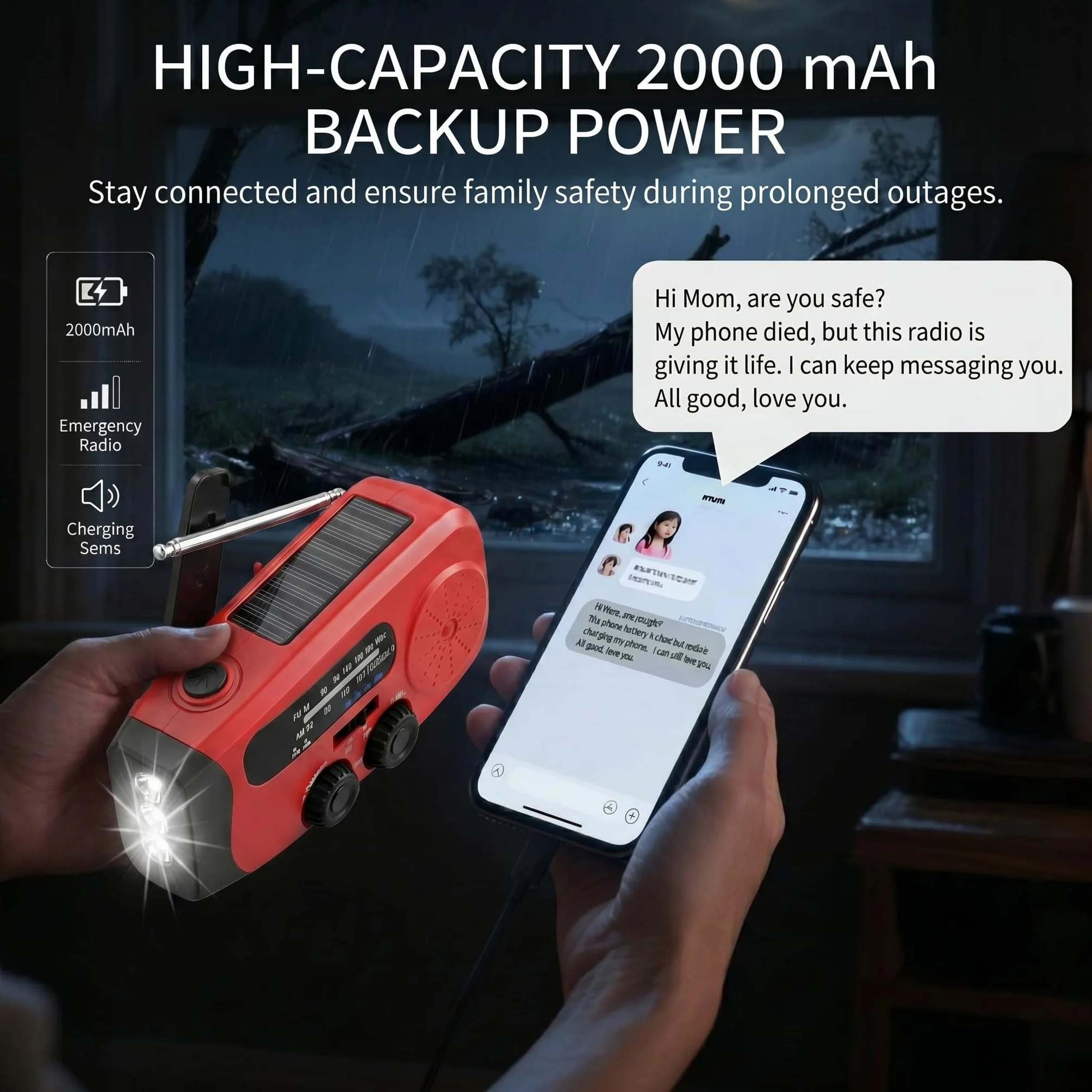 Notfunk Radio Portable d'urgence à Manivelle, 3 Lampes LED, Alarme SOS, Power Bank 2000mAh, Camping en Plein Air, Prévention d'urgence à la Maison, Rouge