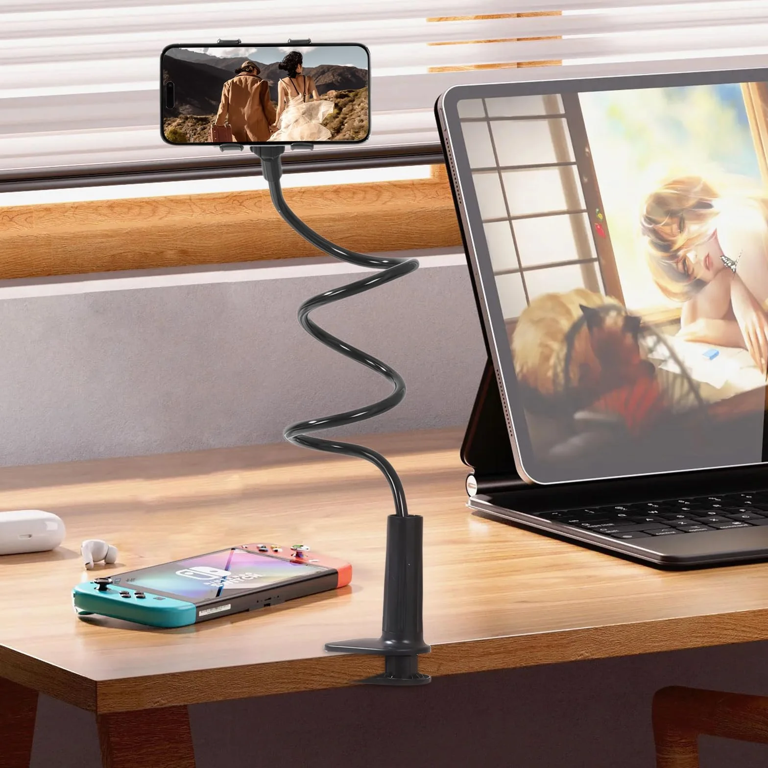 Support Téléphone pour Lit et Bureau, Flexible à Long Bras Porte Telephone Bureau Réglable 360°, Support Universel avec Pince pour pour Films et Appels (Blanc)