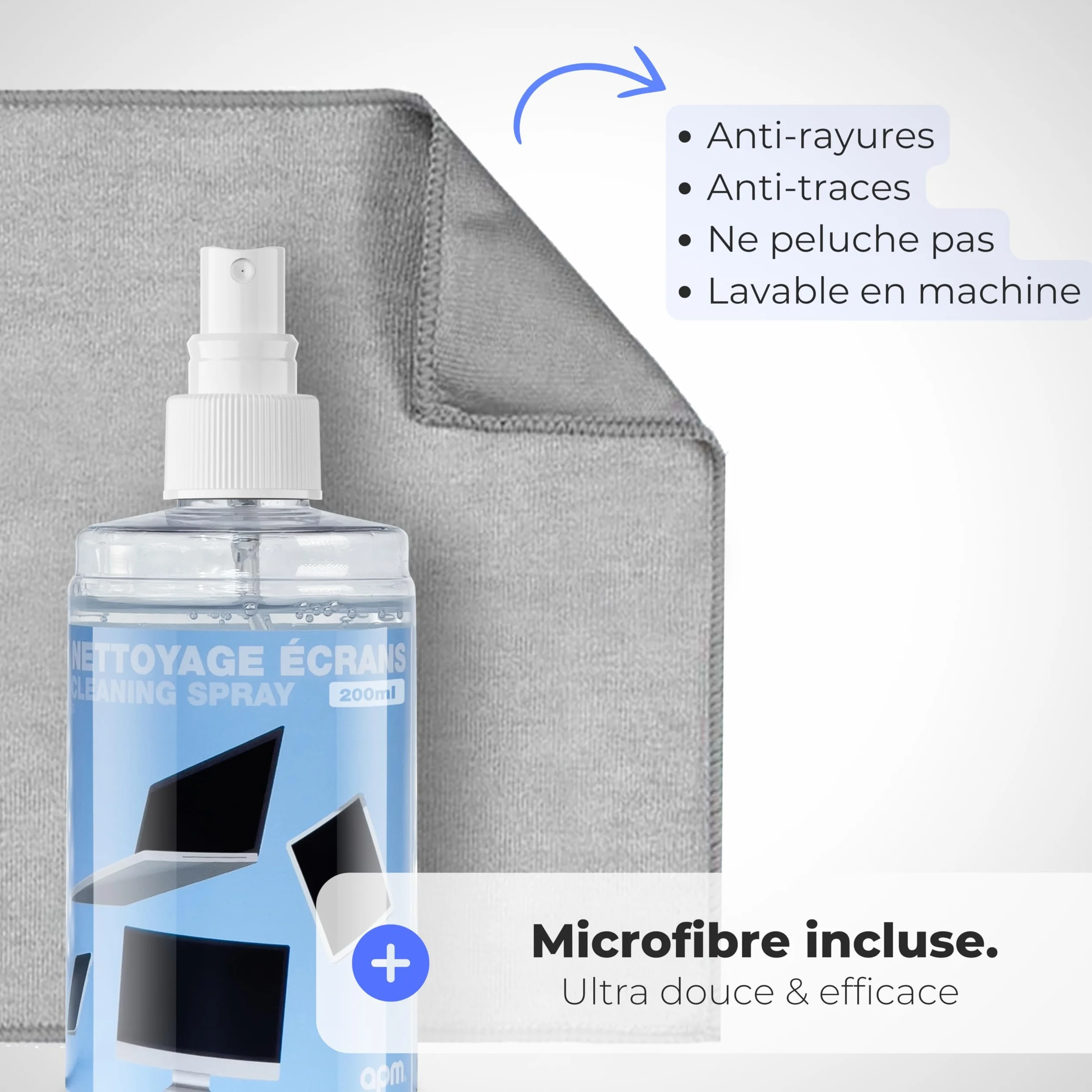 APM Spray Nettoyant Écran TV, PC, Smartphone, Tablette, Texture Gel Sans Alcool, Effet Antistatique, Anti-rayures, Anti-traces, Chiffon Microfibre Inclus, Nettoyage Sécurisé, 200ml, 600105