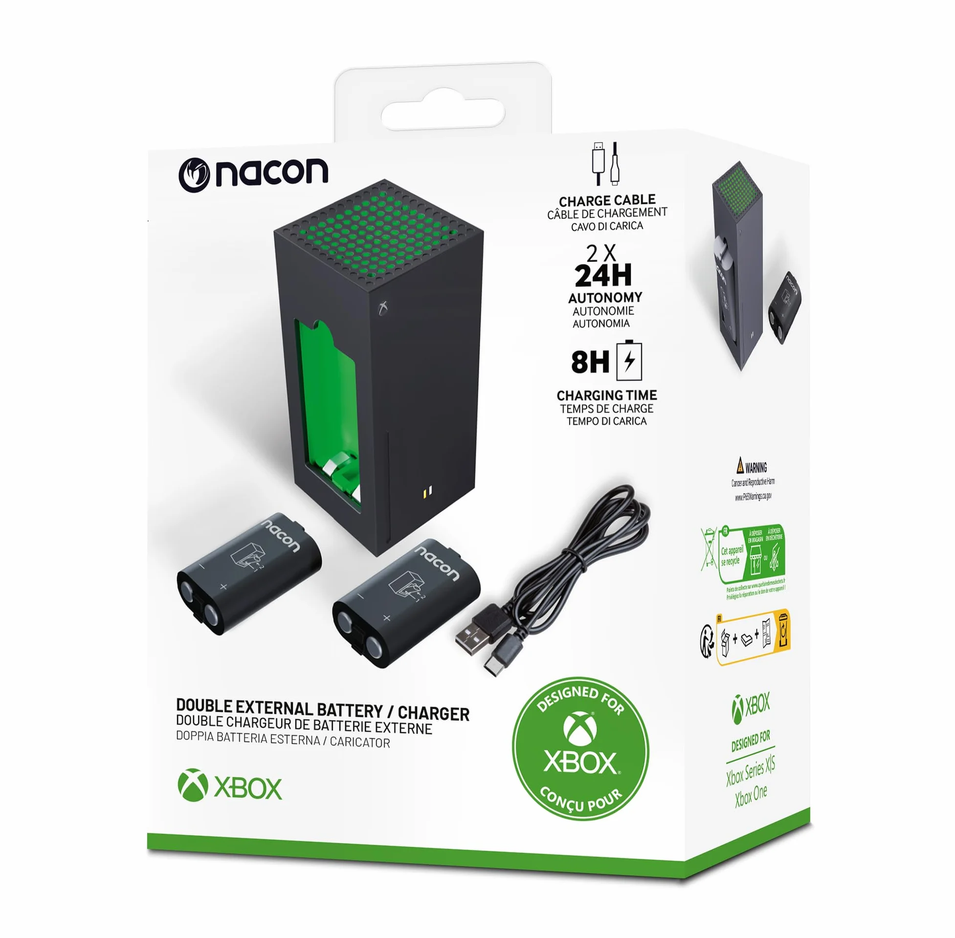 Nacon Double Chargeur pour Manettes Xbox Series X|S & Xbox One + Deux Batteries Rechargeables Haute capacité - Câble USB 1 mètre – Licence Officielle Xbox - XBXBATTERYBOX