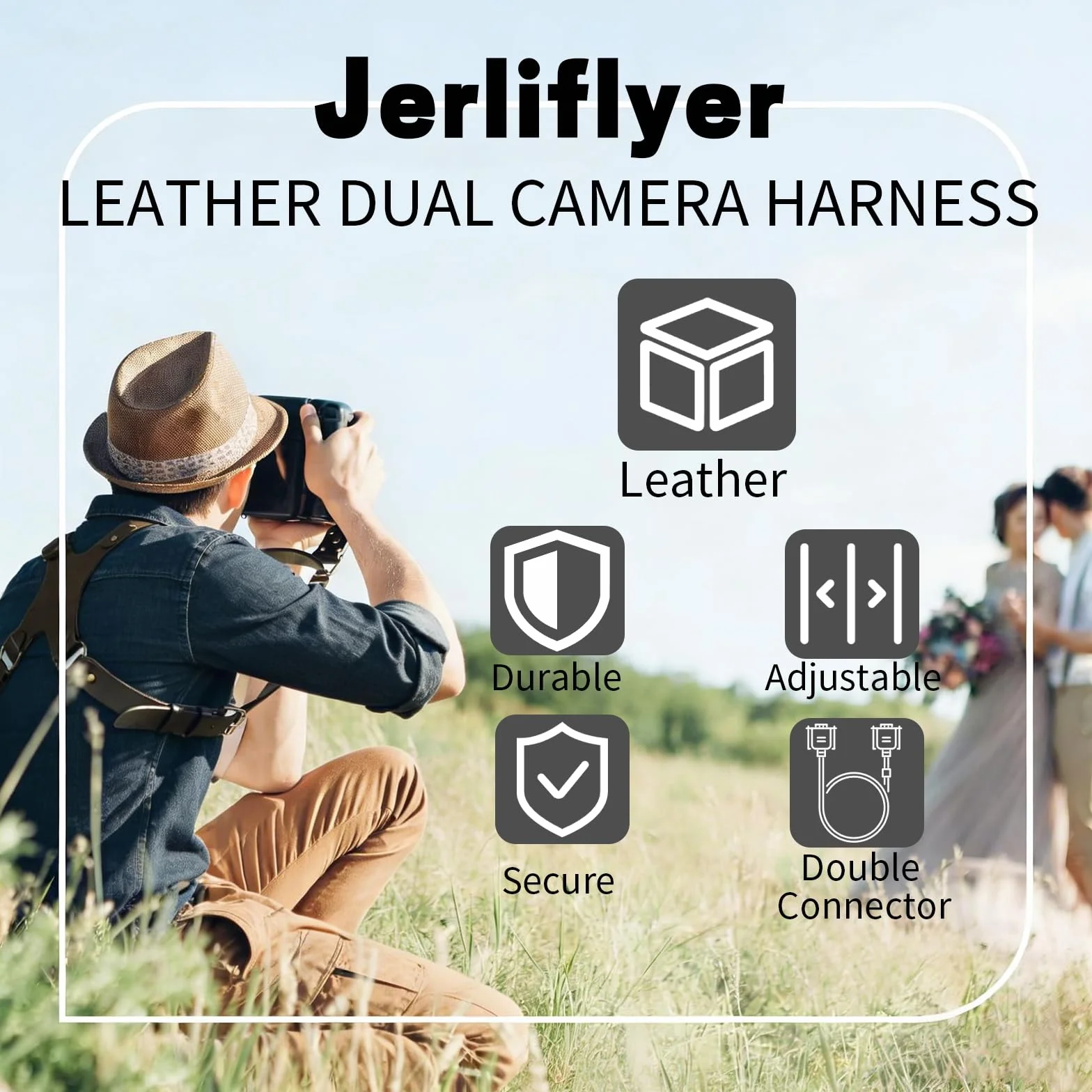 Harnais Appareil Photo Professionnel, Longueur Ajustable Bandoulière Double pour Appareil Photo, Cuir Sangle de Sac à Dos Deux Caméras DSLR/SLR, Unisexe Photographe