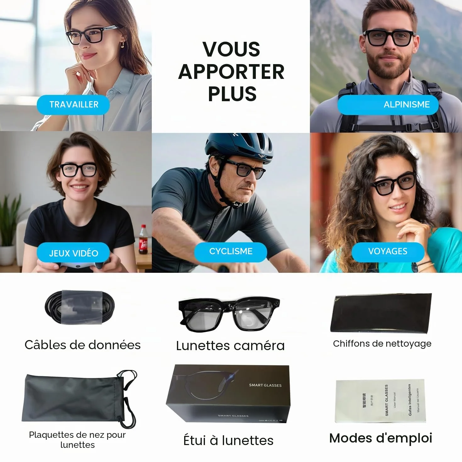 AI Smart Glasses Caméra HD 1200P avec 8 MP Anti-tremblement, lentilles photochromiques pour l'extérieur et Les Voyages, Enregistrement vidéo, Reconnaissance des Objets AI et intégration