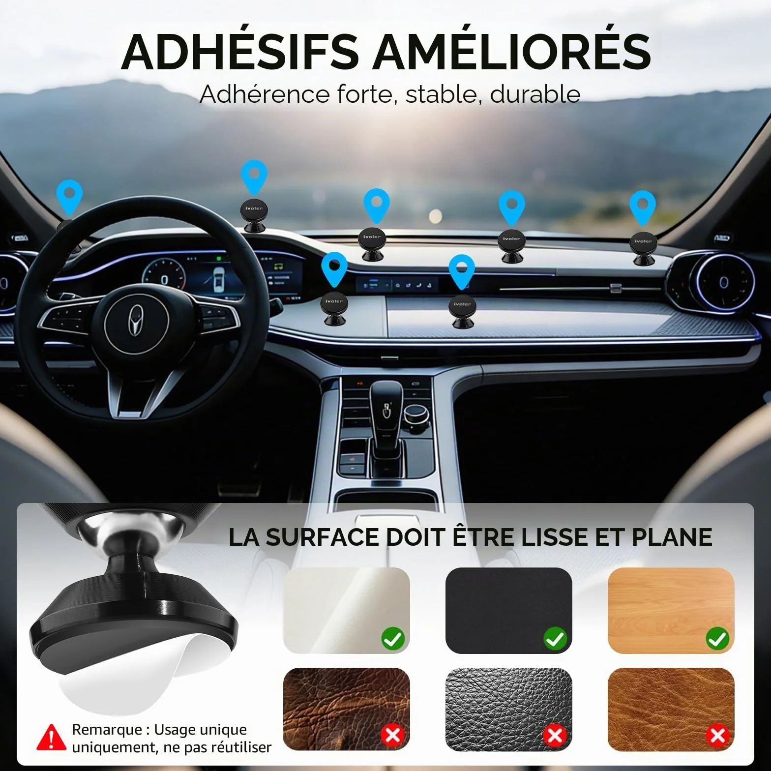 ivoler Support Telephone Voiture, [Lot de 2] Porte Téléphone Voiture Universel 360° Rotation, Magnetique Portable Aimant Adhésif pour Smartphone, Compatible pour Phones ou appareils GPS-Noir