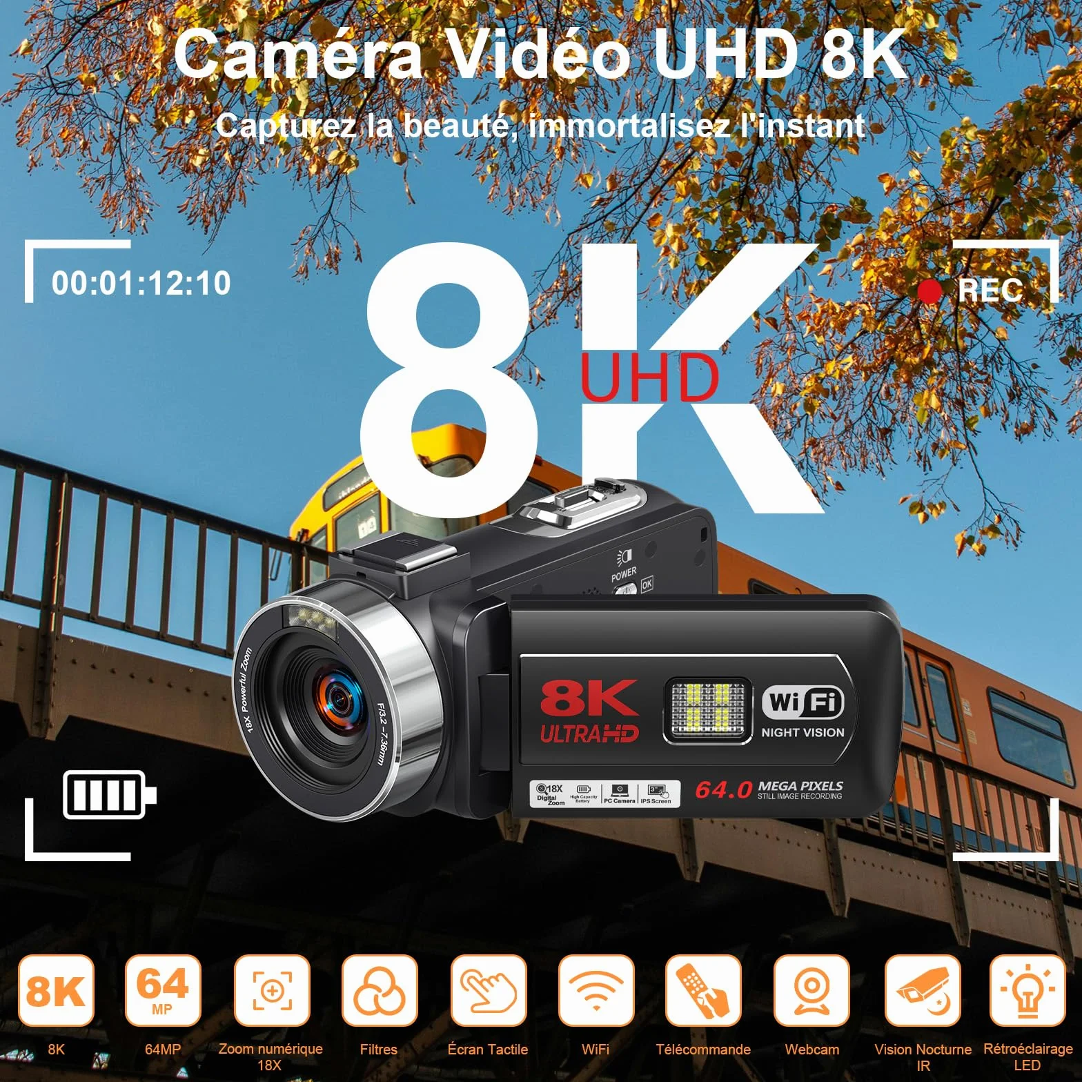 Caméscope Vidéo 8K 64MP Vlogging WiFi Vision Nocturne IR Écran Tactile 3" Zoom Numérique 18X avec Mic et Télécommande