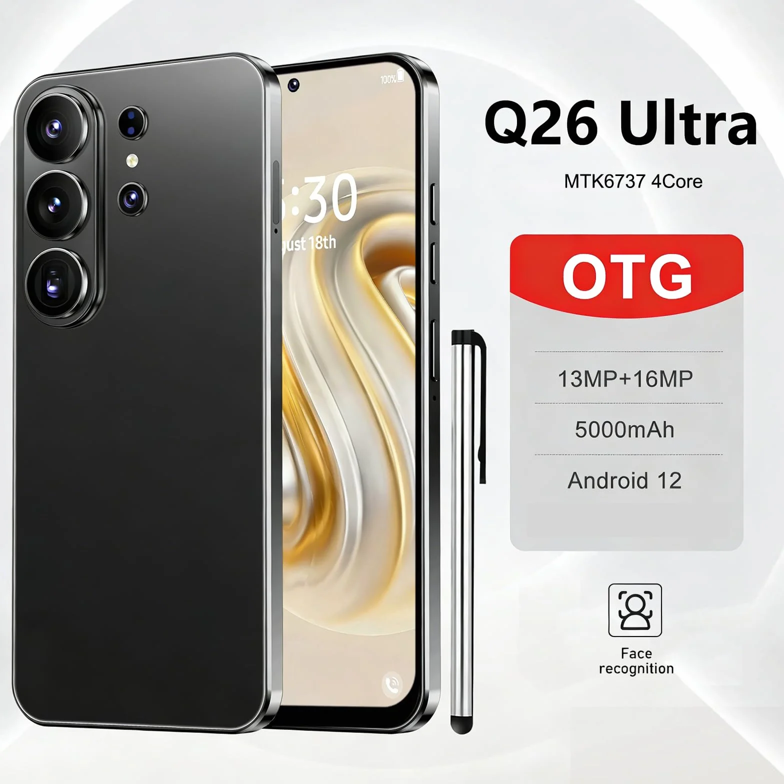 Smartphone 4G Écran HD+ 6.6" Incell 4GB RAM 32GB ROM Batterie 5000mAh Android 12 Double Nano SIM Caméra 16MP+13MP Déverrouillage Facial OTG Army Green