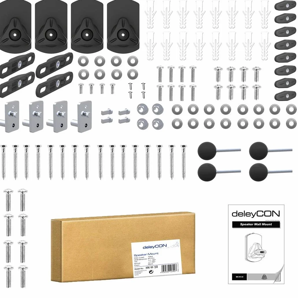 deleyCON 4X Support Mural Universel pour Enceintes Fixation de Boîtes Rotation + Inclinaison Résistant à Une Charge Maximale de 10Kg Montage Mural + Montage au Plafond - Noir