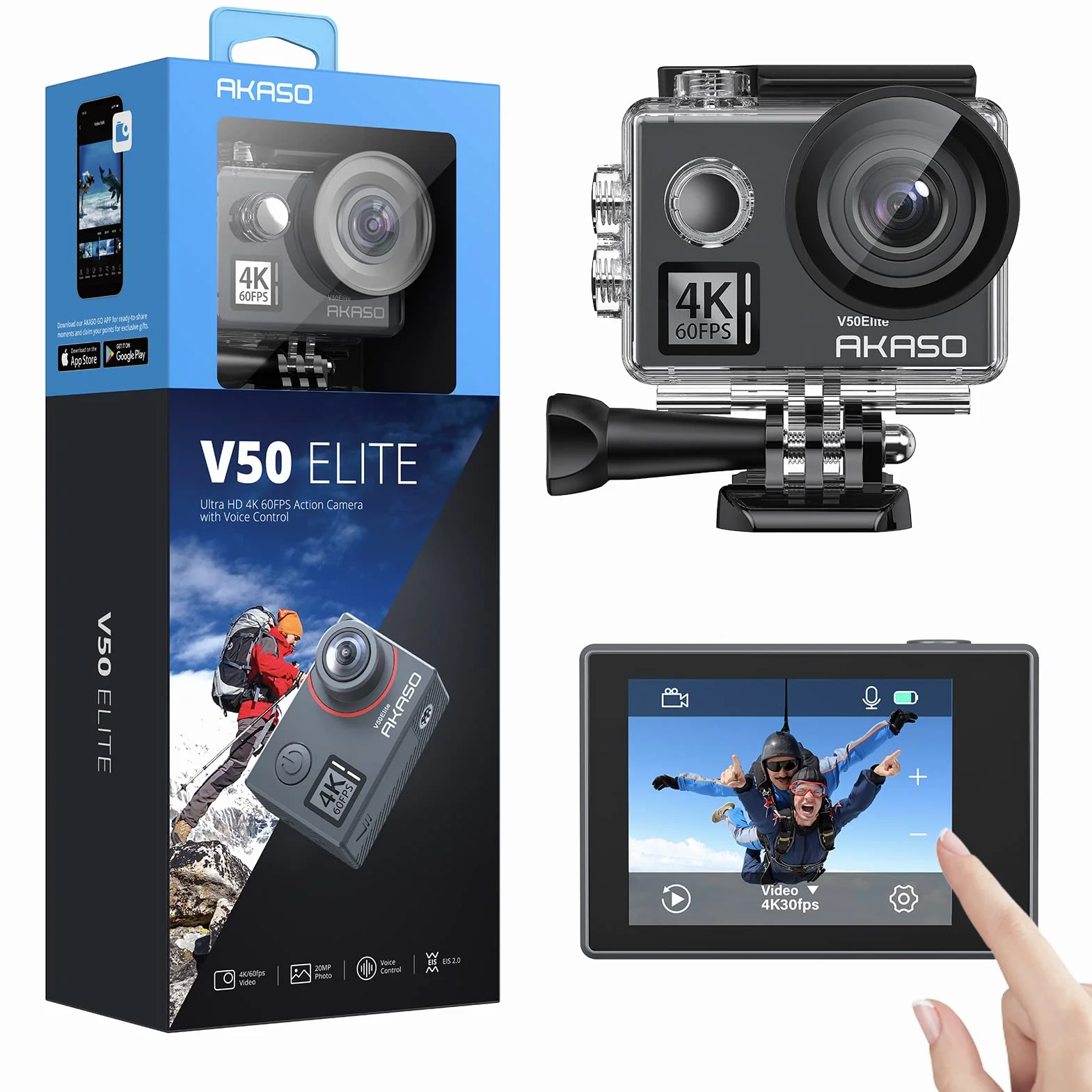 AKASO V50 Elite Caméra Sport 4K 60fps 20MP WiFi Etanche EIS 8X Zoom 2 Batteries