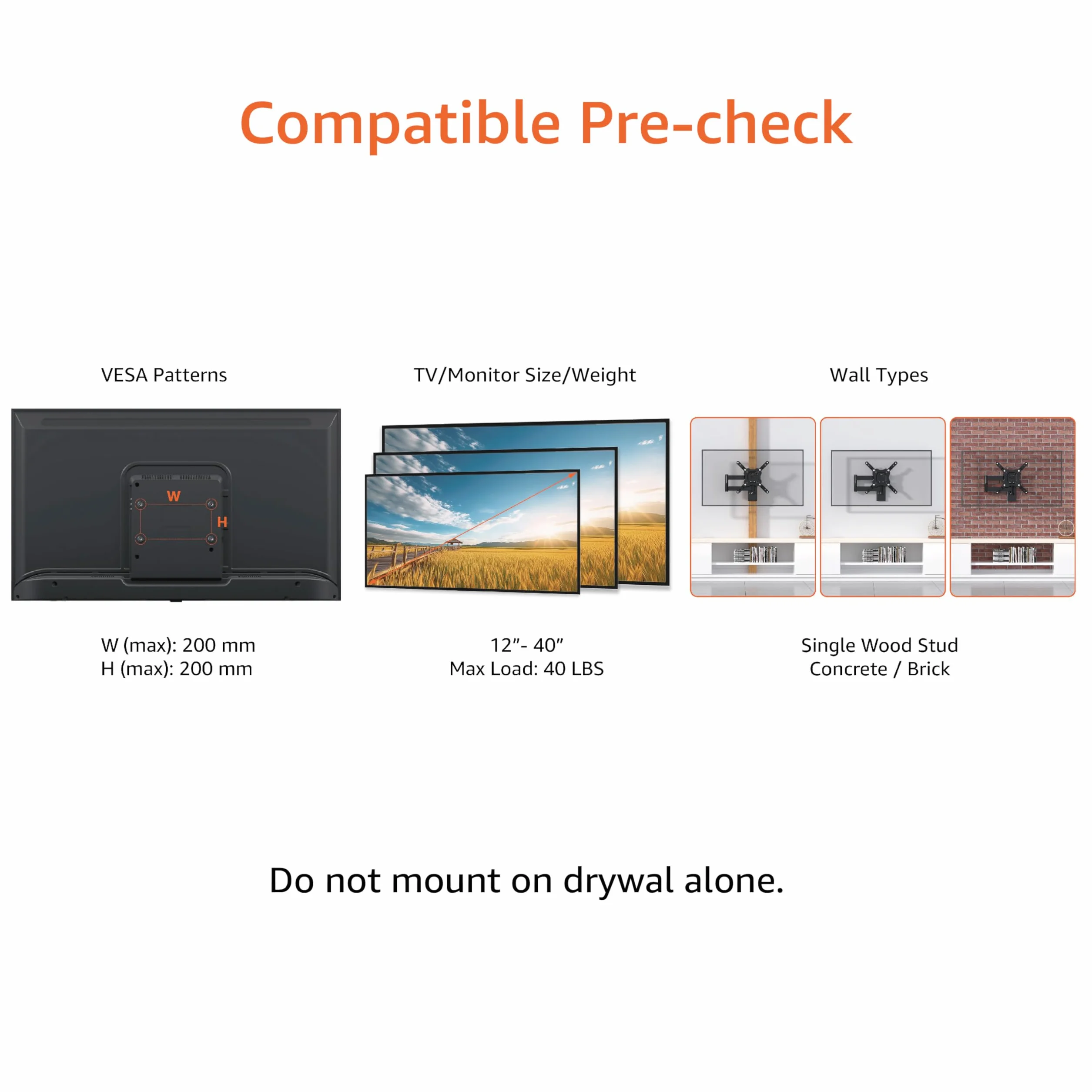 Amazon Basics Support Mural Pour Téléviseur, Mouvement Complet, Pivotant et Inclinable, Pour Téléviseurs ou Écrans Plats et Incurvés 12 à 40 Pouces Jusqu’à 36kg, Support TV, VESA max. 200x200mm, Noir