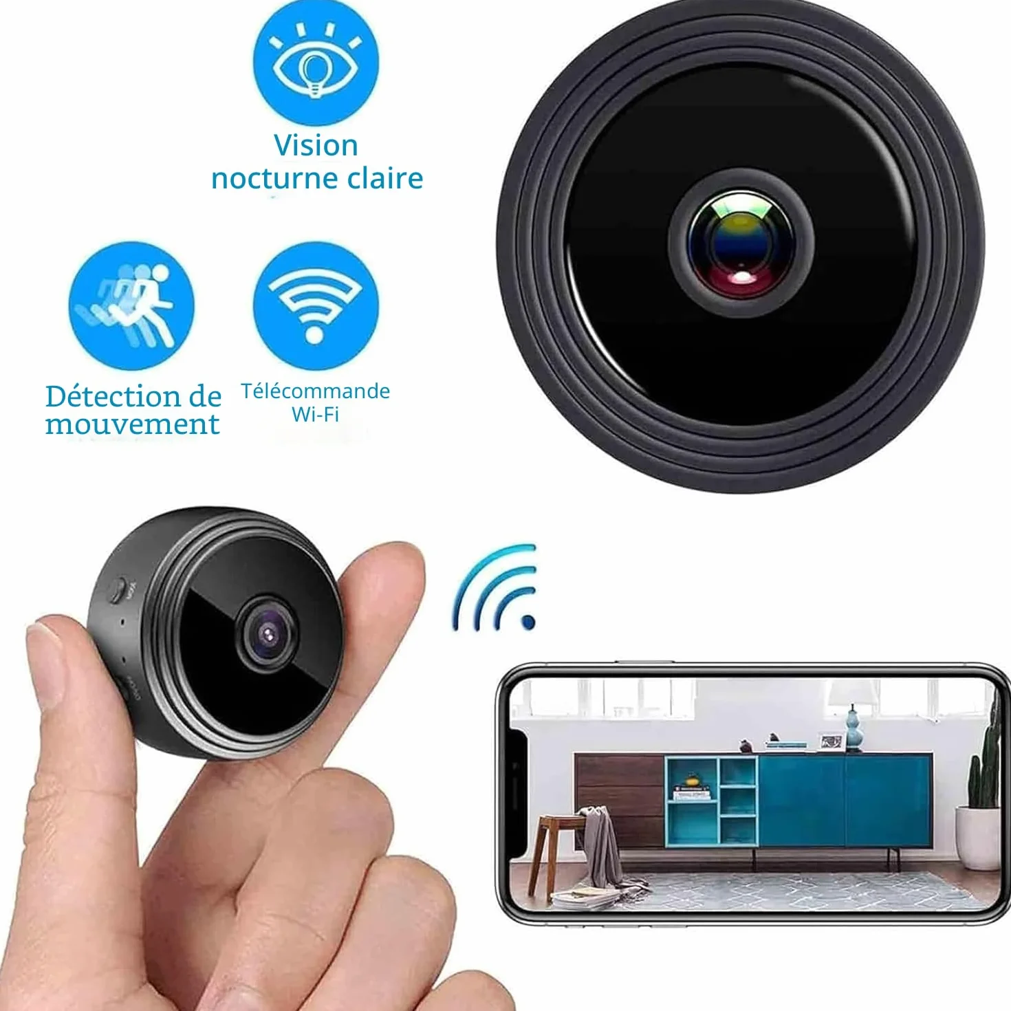 Secretscope Mini caméra de sécurité magnétique, Wi-Fi, caméra extérieure sans fil, avec fonction de vision nocturne pour la maison et le bureau, (noir, 3 pièces)