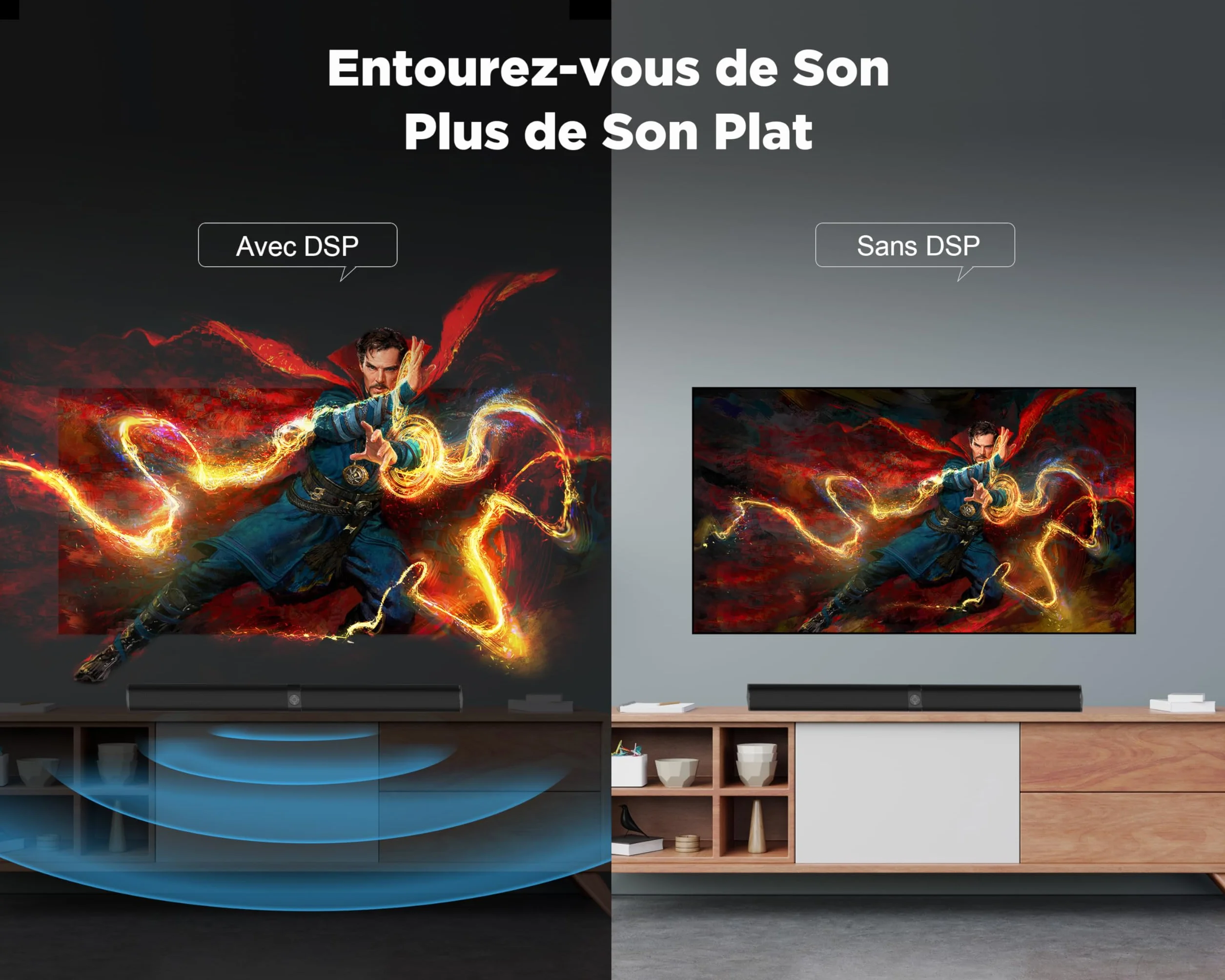 GarageRock Barre de Son TV 2 en 1 Divisible, Haut-parleurs Stéréo avec 3 Modes d'Égalisation, Arc/Opt/AUX