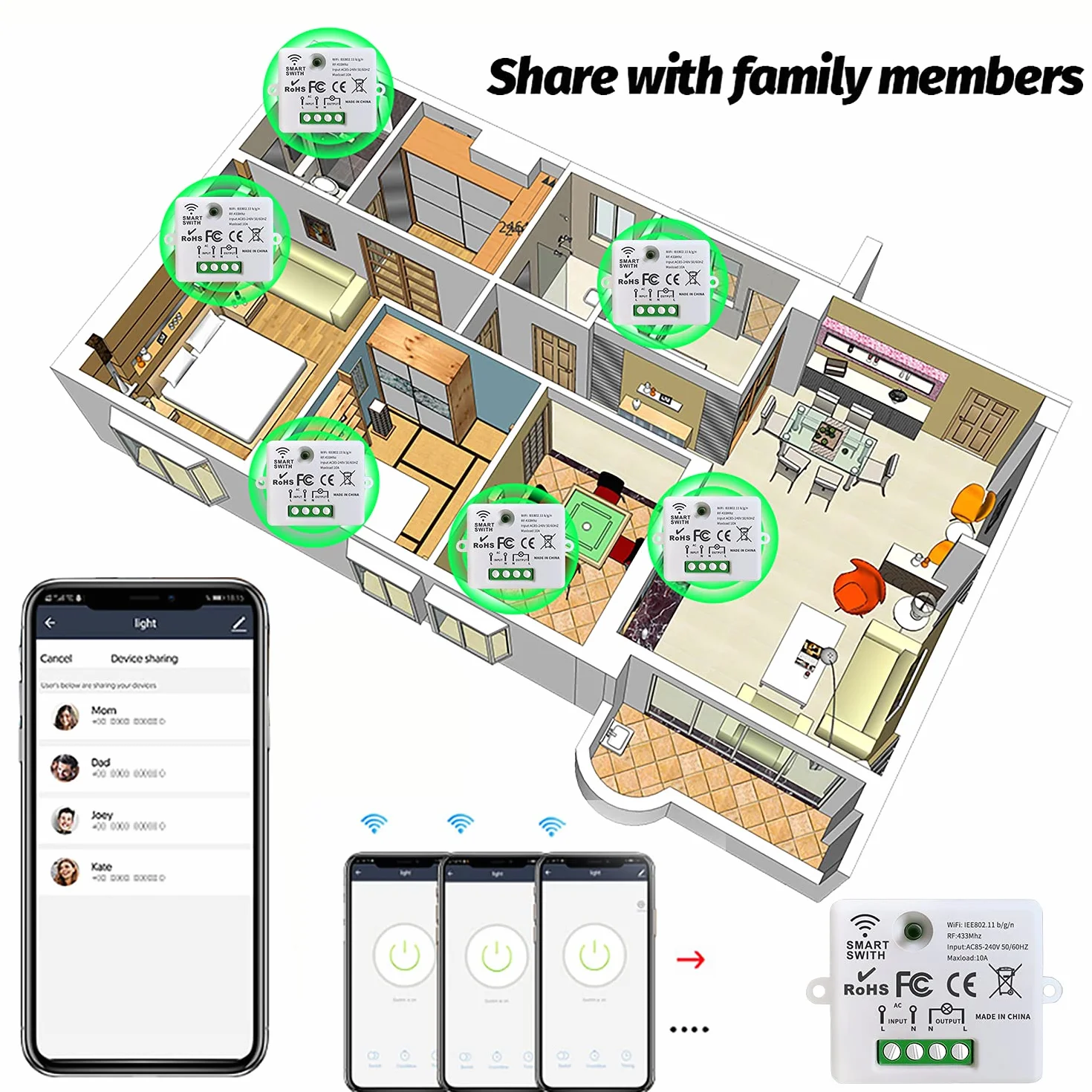 DieseRC Mini commutateur WiFi sans fil télécommande RF 2500W 10A 3 récepteurs avec 1 interrupteur mural sans fil contrôle intelligent via l'application Tuya compatible avec Alexa/Google Home