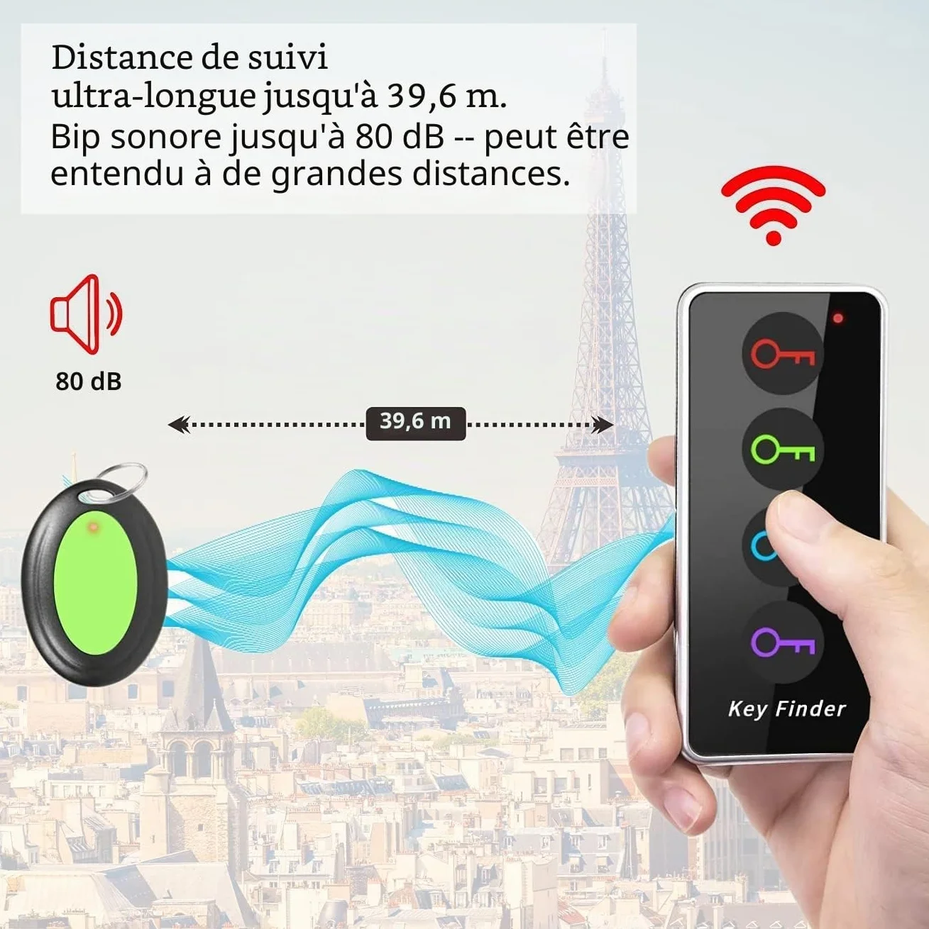 Reyke Localisateur de clés, 80 DB sans Fil RF avec portée de Travail de 39,6 m, télécommande avec Lampe de Poche LED, Support de Base pour clés, Portefeuille, téléphone et Animal Domestique