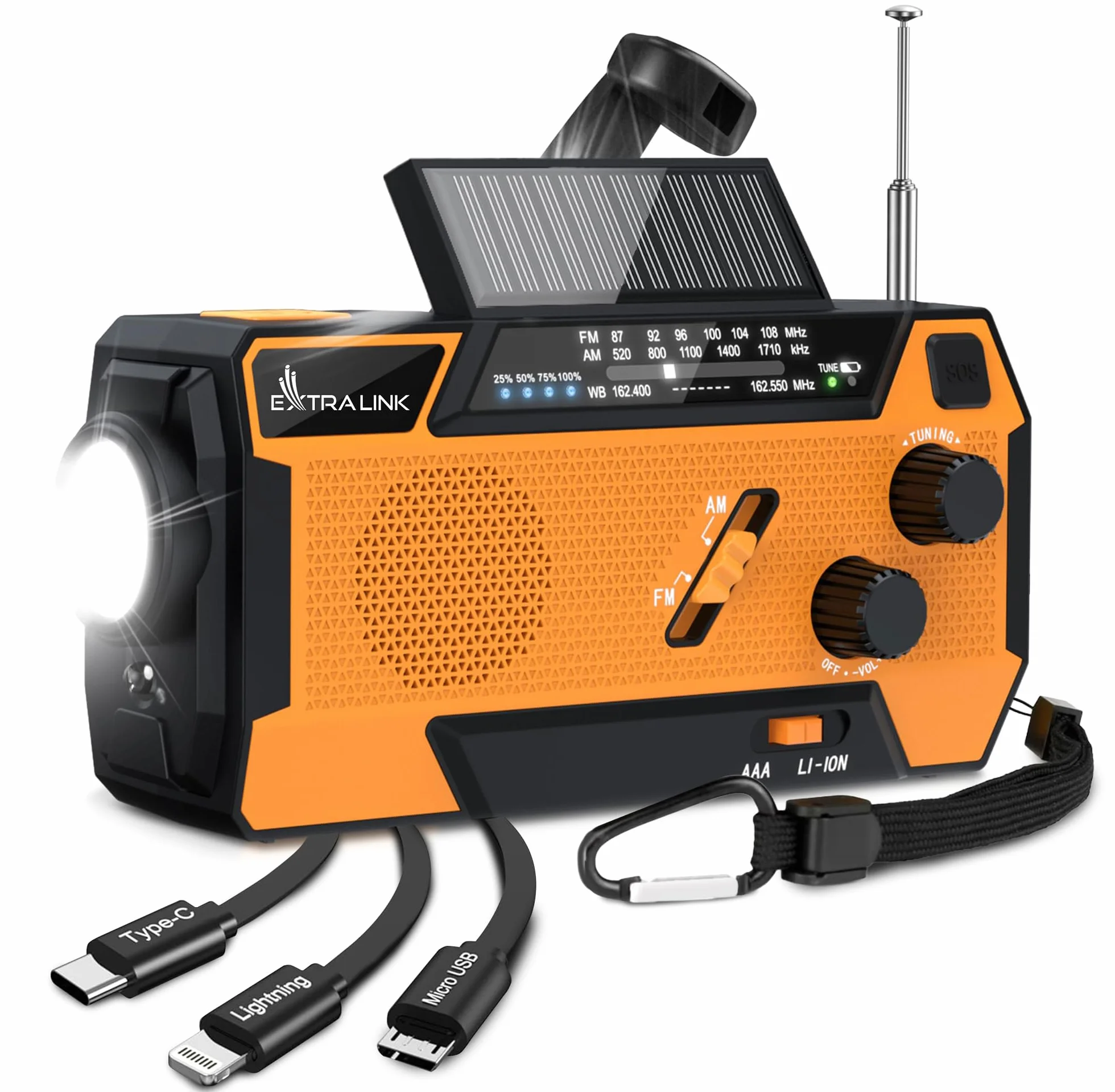 Radio Portable d'Urgence à Manivelle avec Panneau Solaire 4000mAh FM/AM Torche LED SOS Extralink