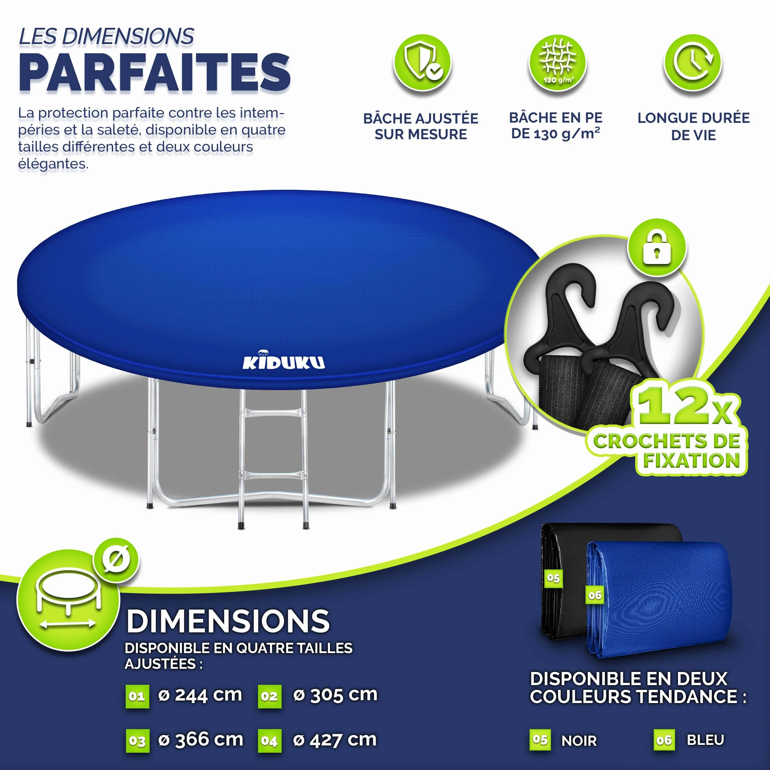 KIDUKU Bâche pour Trampoline 244-427 cm | Housse imperméable résistante aux UV