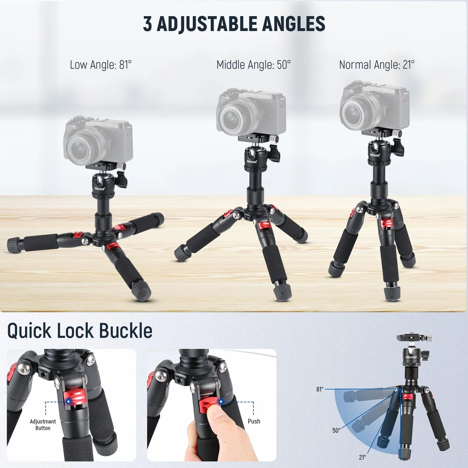 NEEWER Mini Trépied pour Appareil Photo avec Rotule à 360° en Alliage d'Aluminium 20"/50cm 1/4" Plaque Rapide de Type Arca,Trépied de Voyage de Bureau Portable pour Caméscope DSLR, Charge Max:11lb/5kg