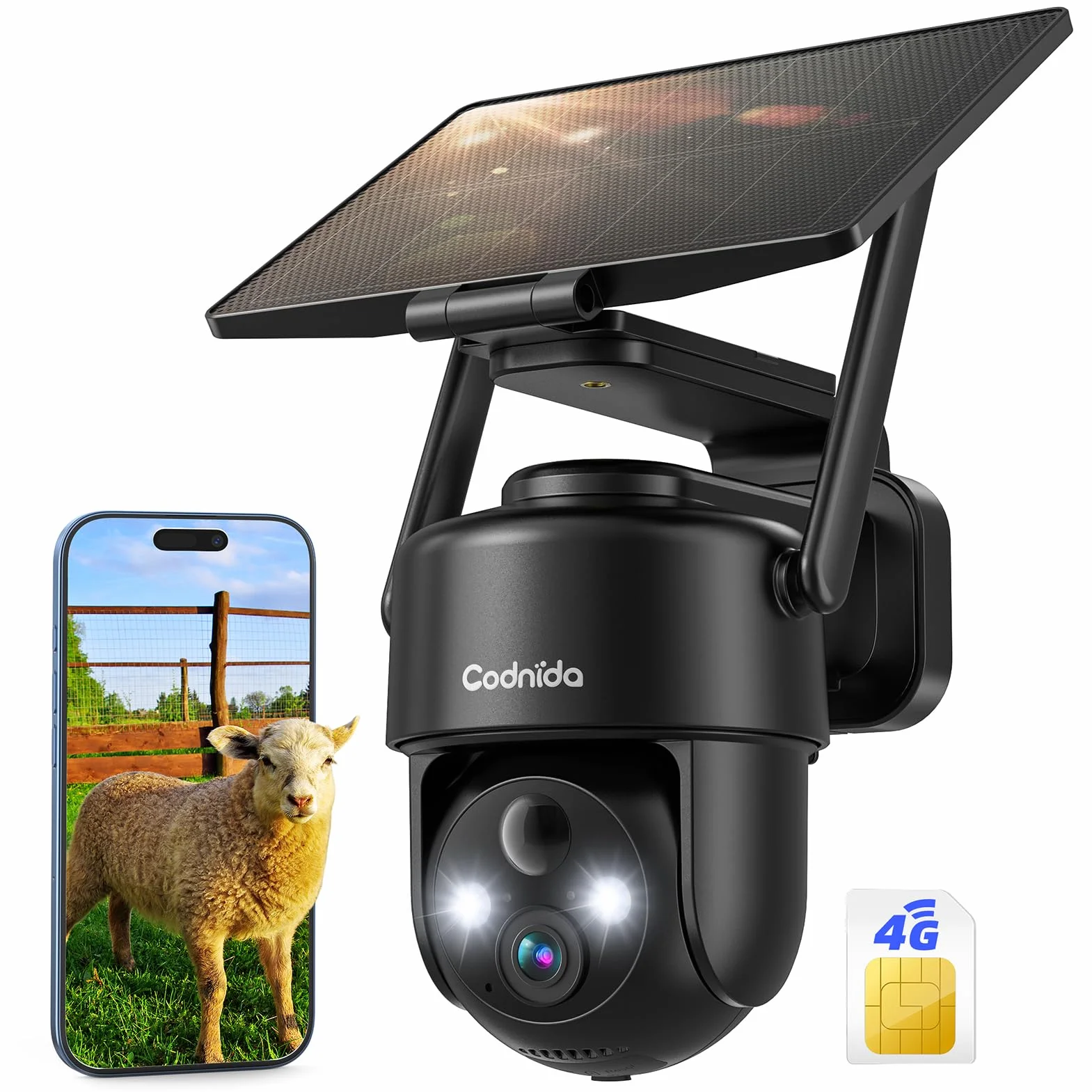 Codnida 4G LTE Caméra de Surveillance Extérieure sans Fil Solaire avec Carte SIM,9000mAh Batterie,2K HD,Vision Nocturne Couleur,Audio Bidirectionnel,IP66