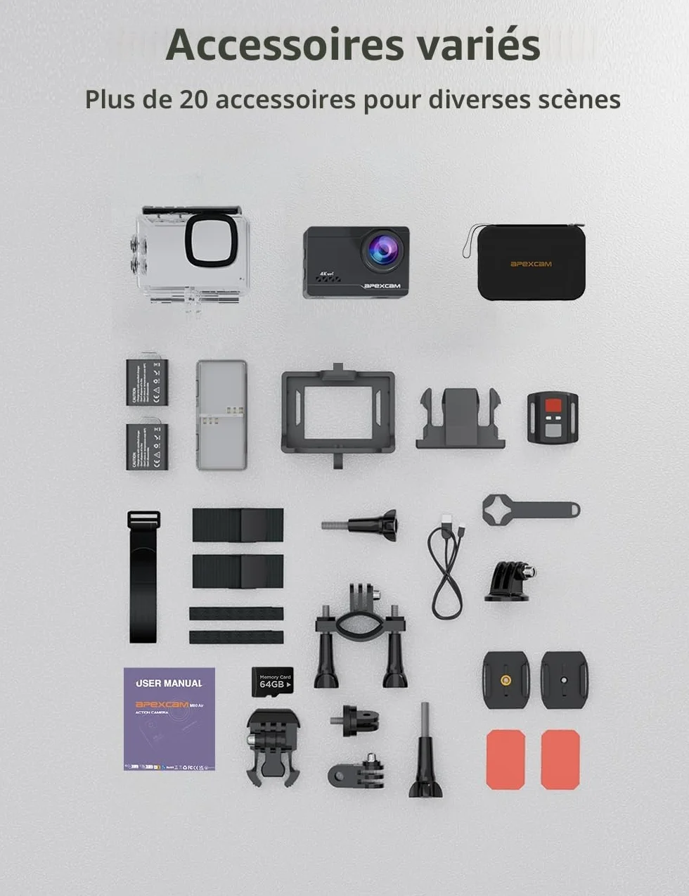 Apexcam Caméra Sport 4K 60fps Action Cam WiFi Étanche 40M Ultra HD avec 2 Batteries et Kit Accessoires