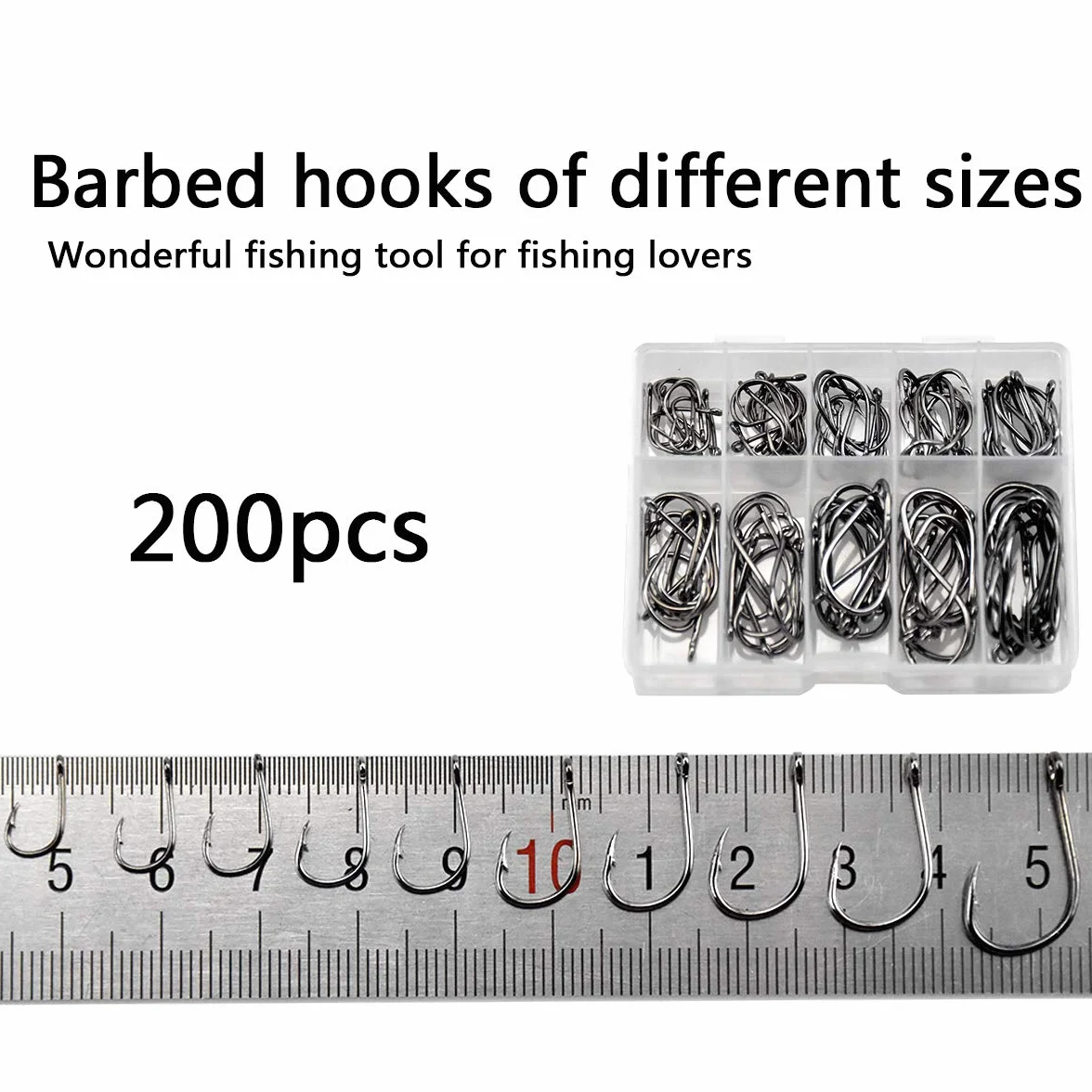 Hamecons de Pêche 200pcs en Acier Carbone, Crochets Barbelés 10 Tailles 3#-12# avec Boîte Plastique