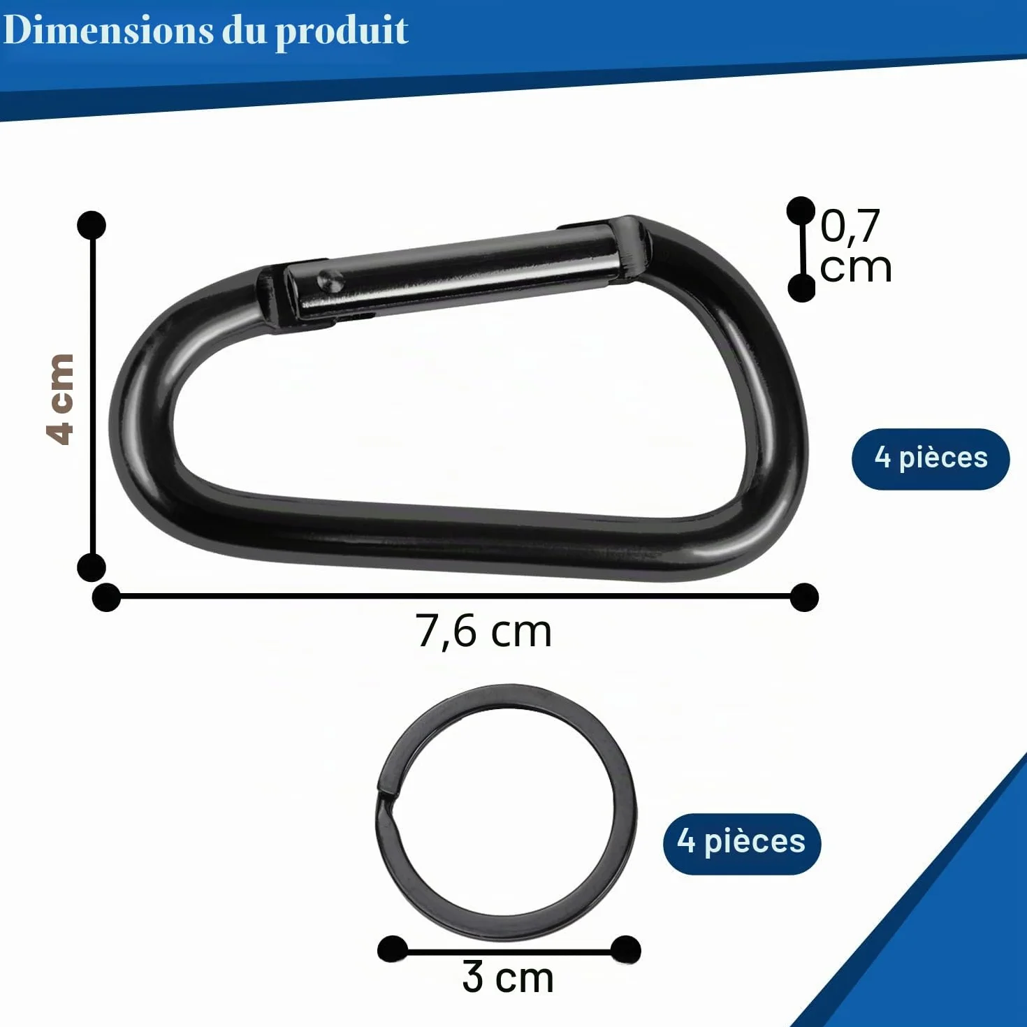 Mousquetons en aluminium forme D noir - Lot de 4 pour hamacs camping