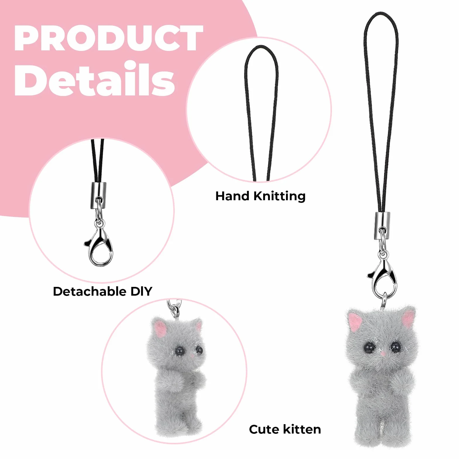 Mabor Lot 3 lanières portable Chat Y2K Pendentif universel Coque porte-clés