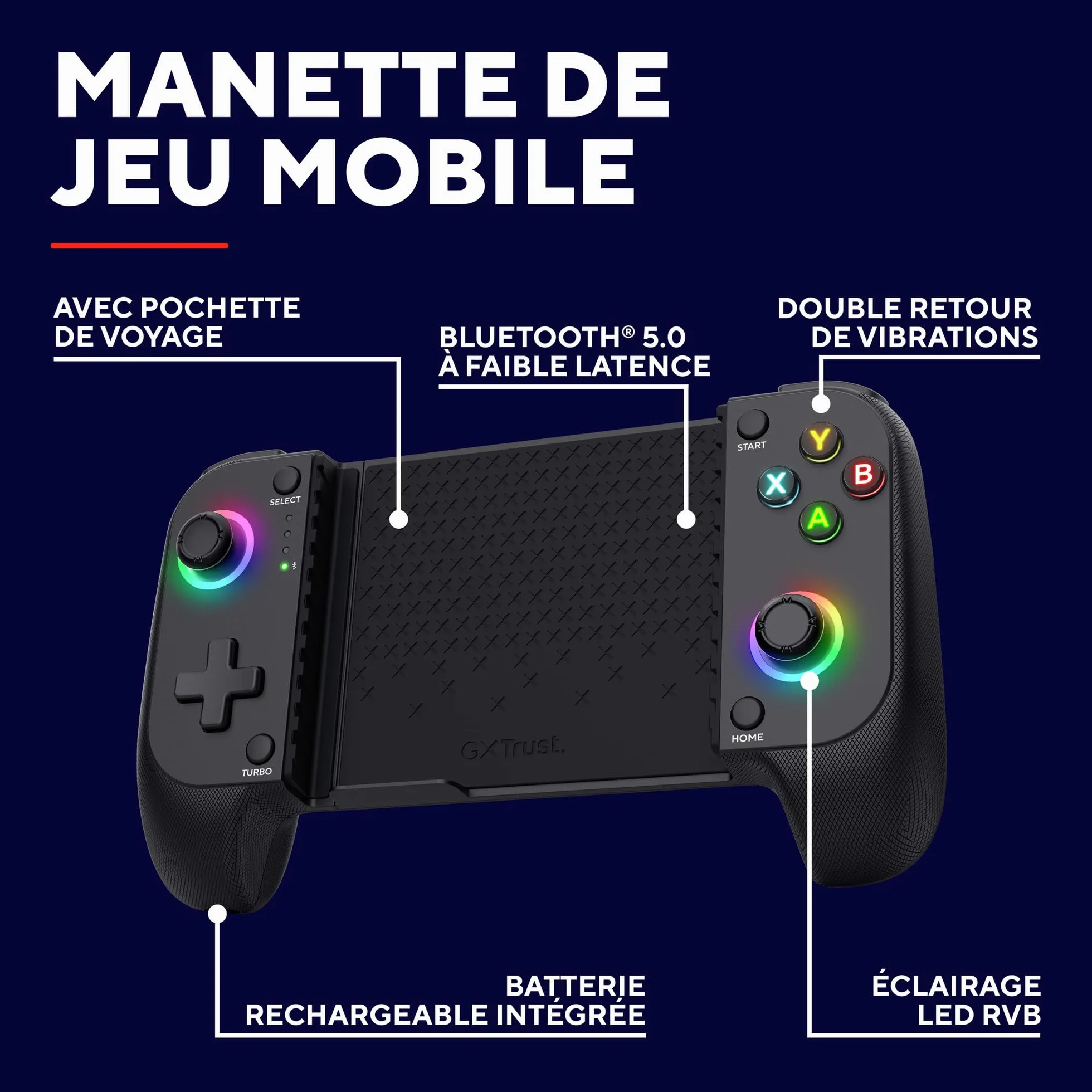 GXTrust Trust GXT 735 Mylox Manette pour Telephone Portable Bluetooth pour Android/Iphone / PS5 / Xbox/Mobile, 12h d'Autonomie, Double Vibration, Ėclairage RGB, Manette Smartphone Sans Fil, Noir