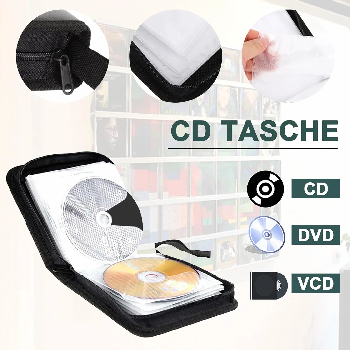 Sac de Rangement CD pour 40 Disques CD DVD, Voiture et Maison, Vert