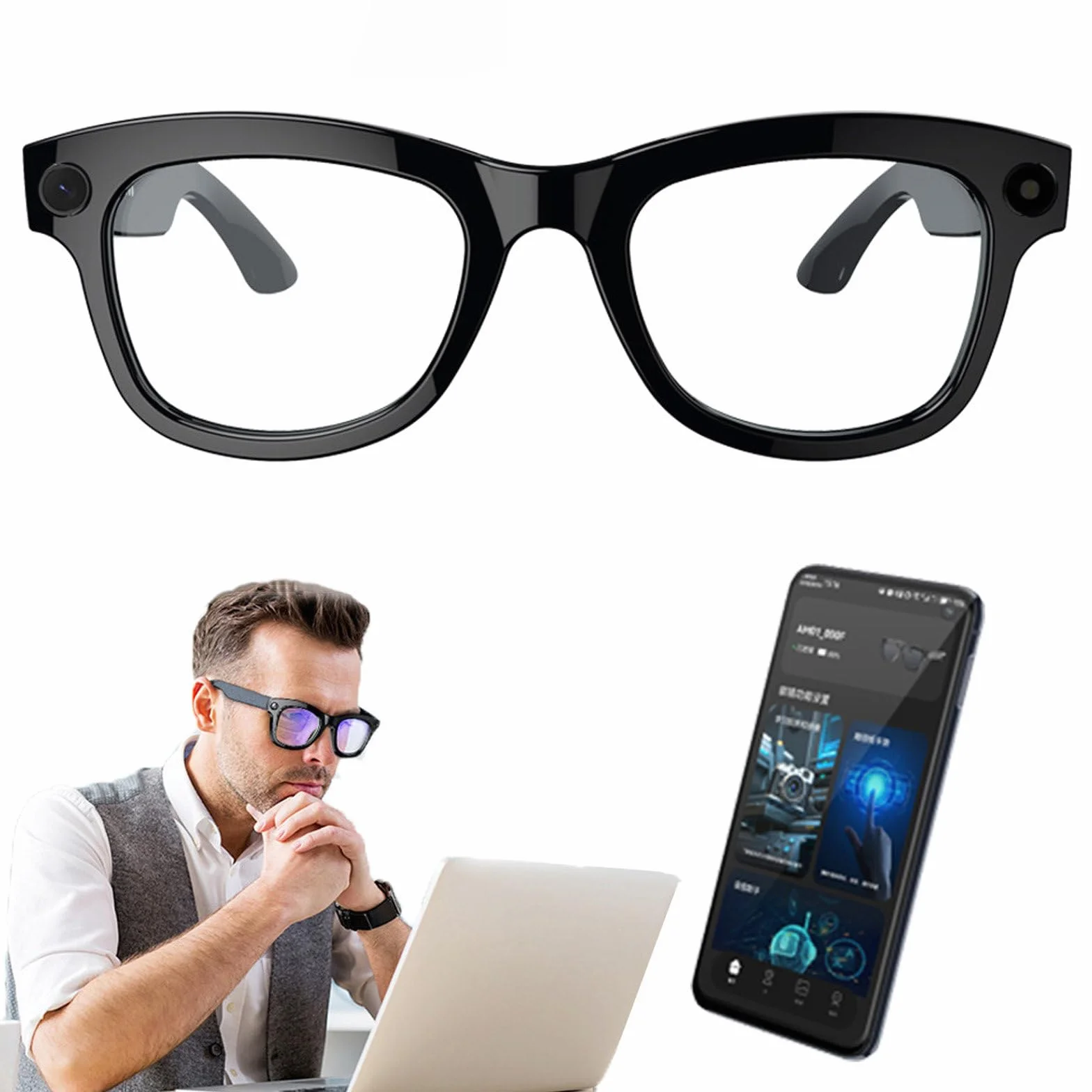 Lunettes intelligentes IA, avec caméra 500 W, ChatGPT intégré, commande vocale, Wi-Fi 4.0 + Bluetooth 5.3, lunettes de soleil avec traducteur Bluetooth intelligent, pour la musique et les appels,B