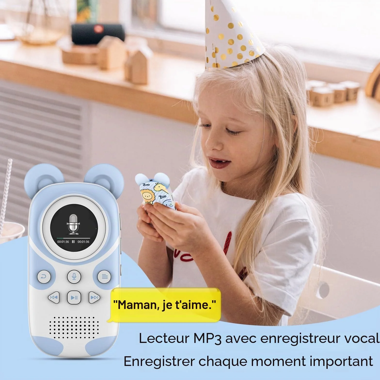 Lecteur MP3 Enfants Bluetooth 5.3 64GB avec Radio FM, Réveil, Enregistrement, Chronomètre