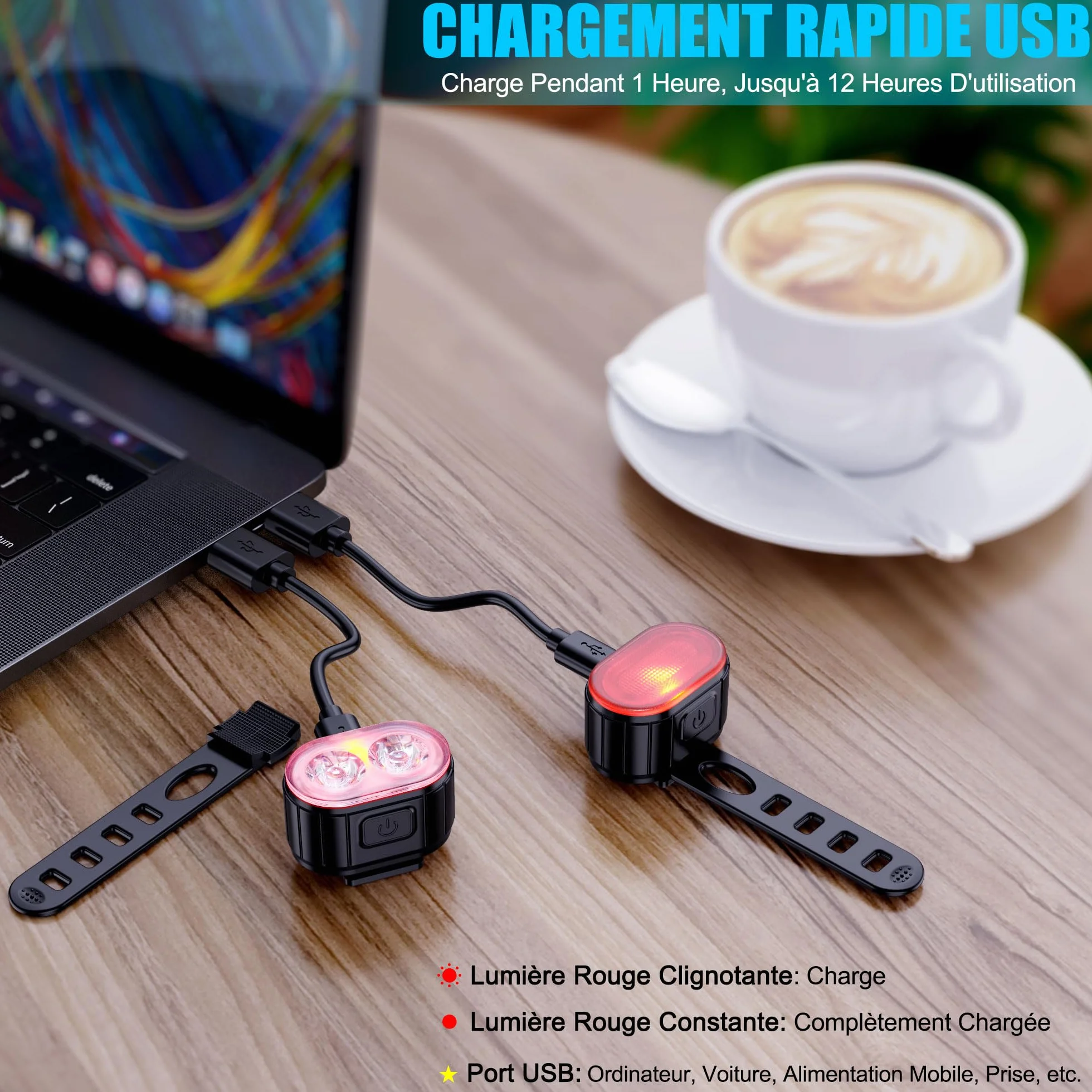 Lumiere Velo à LED Feux Avant Arrière Rechargeables USB IPX5 Phares Double Talon