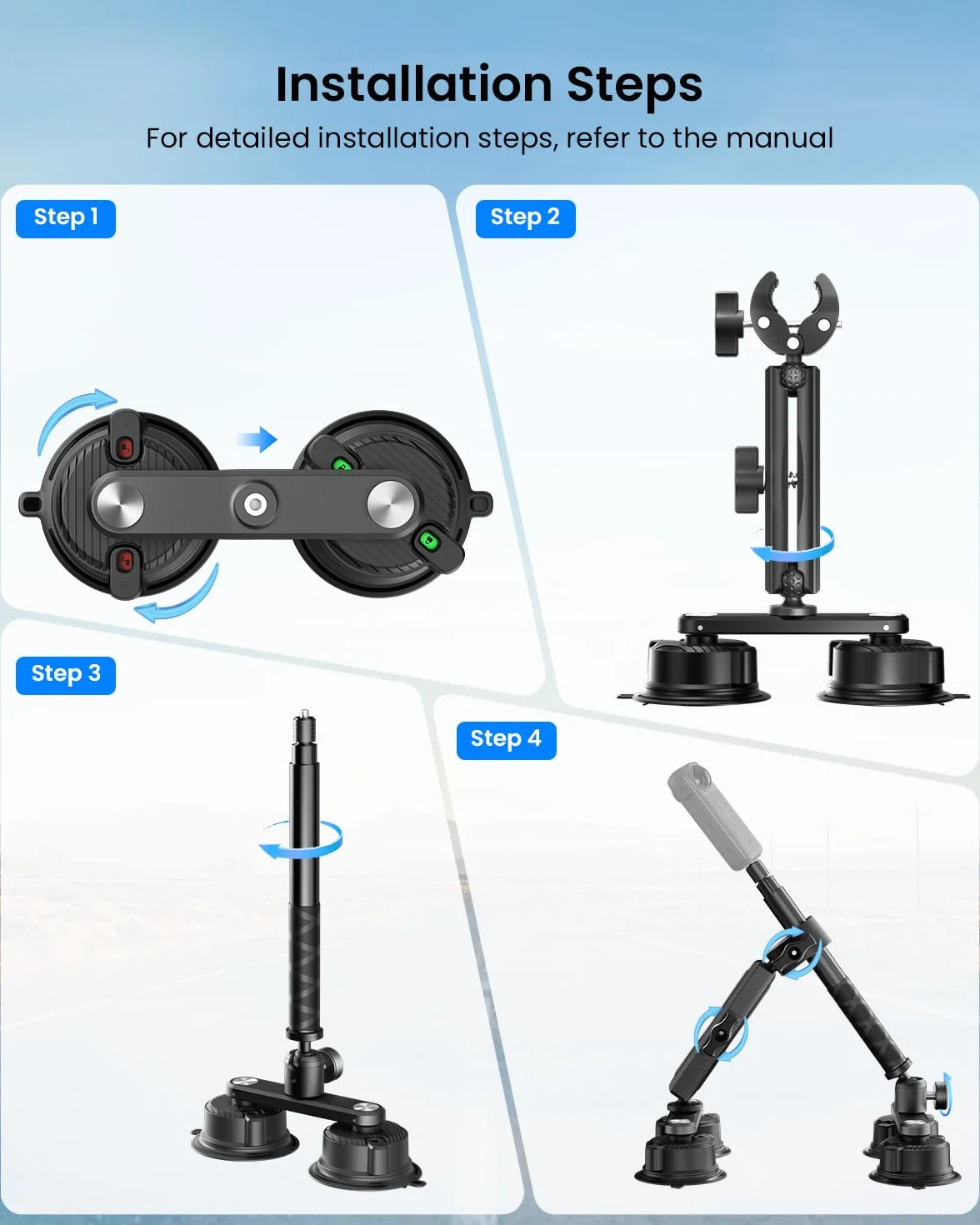 Kit de quatre ventouses de voiture pour Insta360 - Double couche réglable - Montage pour caméra d'action GoPro - Accessoires pour Insta360 X5