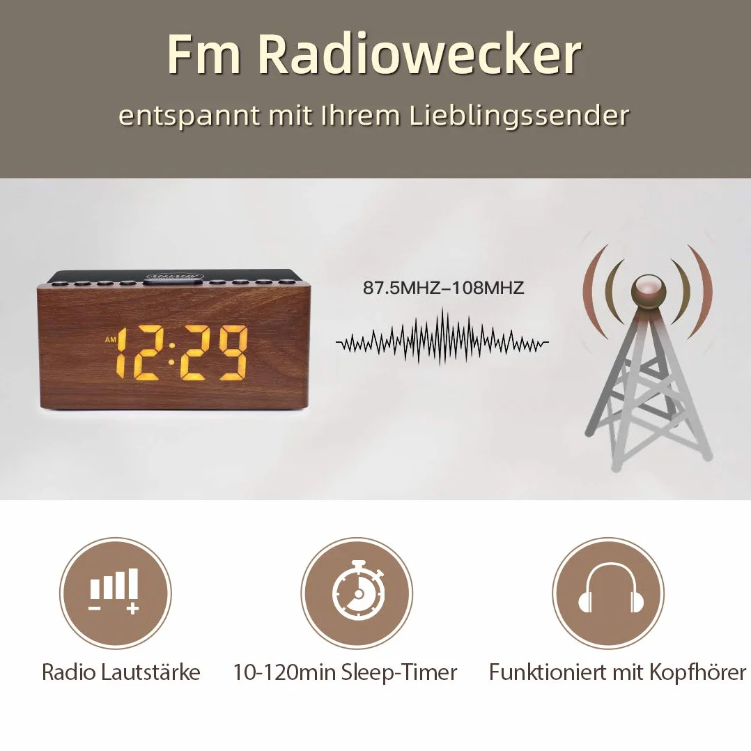 Radio Réveil Numérique en Bois avec Radio FM,Station de Charge sans fil Rapide Pour iPhone/Samsung Galaxy,Alarm Clock et Affichage LED,Variateur à 5 Niveaux,Port USB,Minuterie de Sommeil, Marron