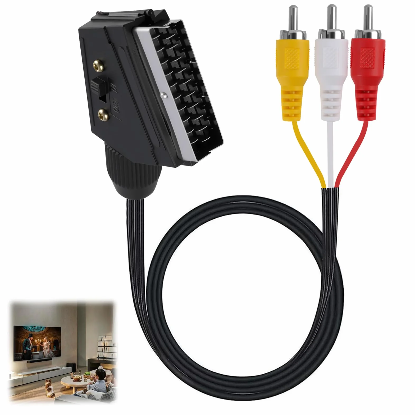 Câble Péritel vers 3RCA Mâles de 1,5m, Câble Adaptateur Péritel Audio Vidéo Convertisseur pour TV, DVD, Magnétoscope, Système Home Cinéma, Transmission unidirectionnelle