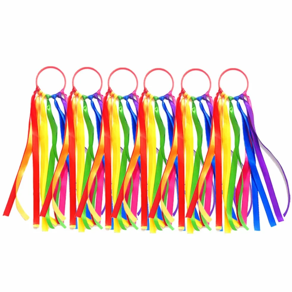 Lot de 6 rubans arc-en-ciel avec poignée en forme d'anneau pour gymnastique rythmique enfants