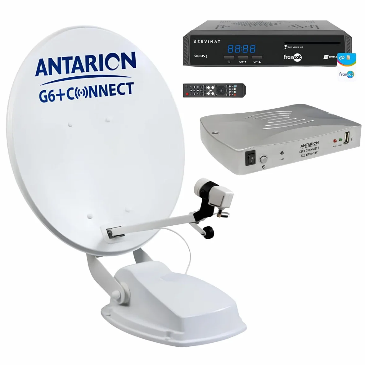 Pack ANTARION Parabole Satellite Automatique connecté 65cm + Positionneur + Sirius 3 Récepteur TV Satellite HD + Carte PC7