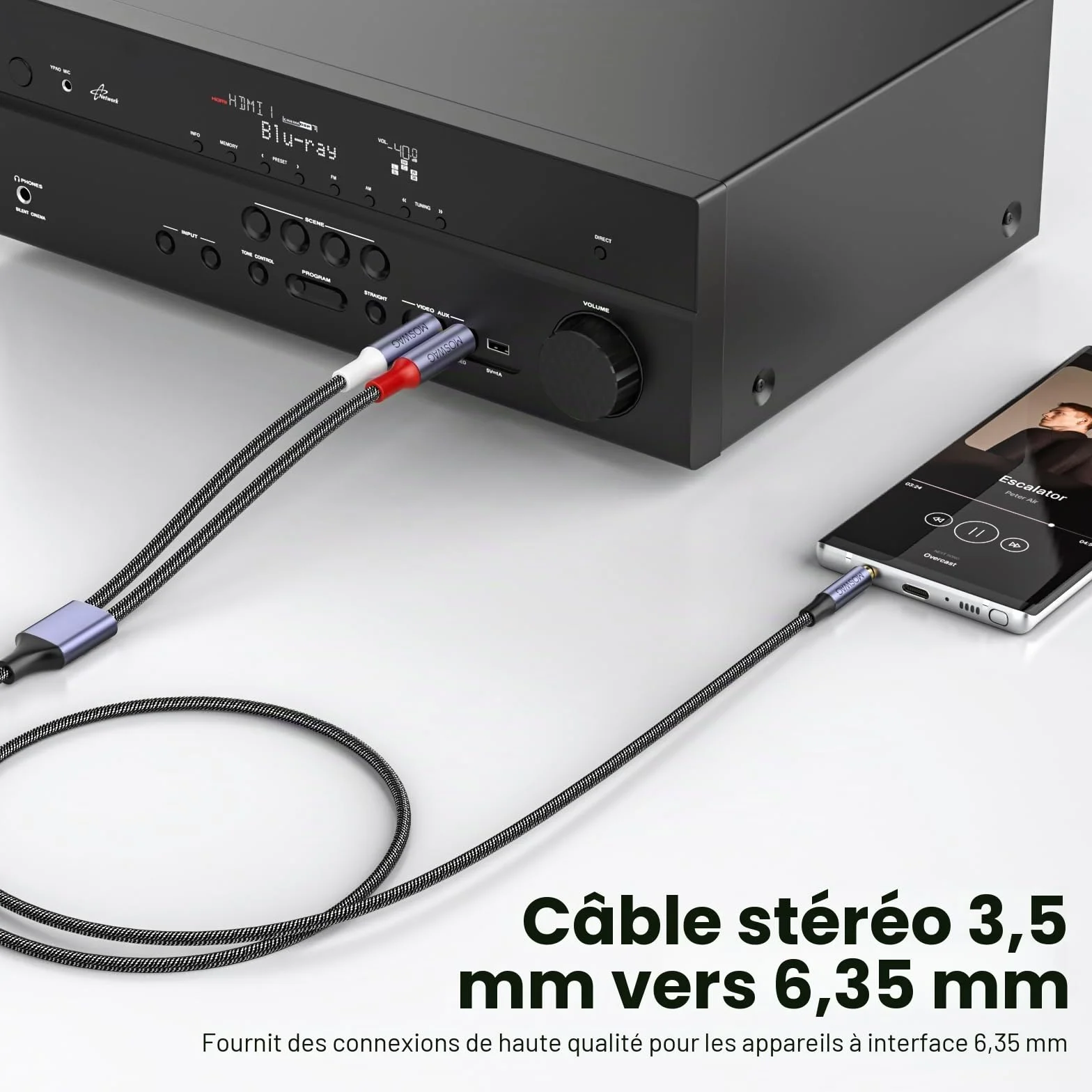 MOSWAG Câble Audio 3.5mm vers Double 6.35mm 1M, 6.35 vers 3.5 Mâle Y Splitter TRS Jack, Plaqué Or Nylon Tressé 3,5mm à 2X 6,35mm Splitter Câble pour Amplificateur, Cinéma Maison