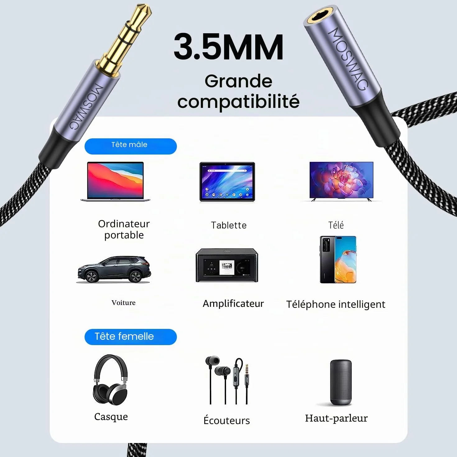 MOSWAG Rallonge Jack Audio 3.5 mm 3 Pôles pour Casque Micro, Nylon Tressé Jack Mâle vers Femelle Câble Extension Audio Stéréo Compatible avec MacBook, IMAC, voitures, téléviseurs, DVD (1M)
