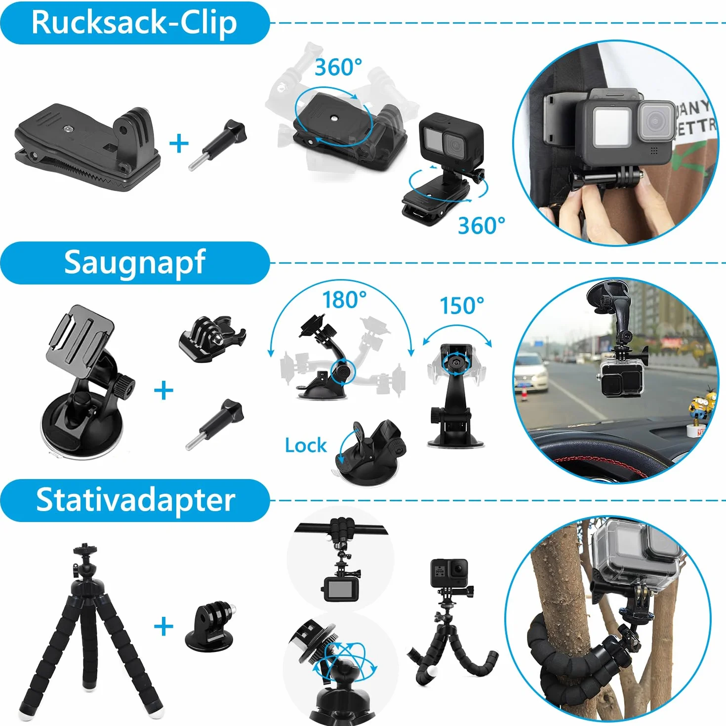 Kit d' Accessoires pour GoPro Hero 12 11 10 9 Black, oGoDeal Caméra d'action Comprenant boitier étanche, Protection D'écran, Un Support de vélo, Poignée Flottante