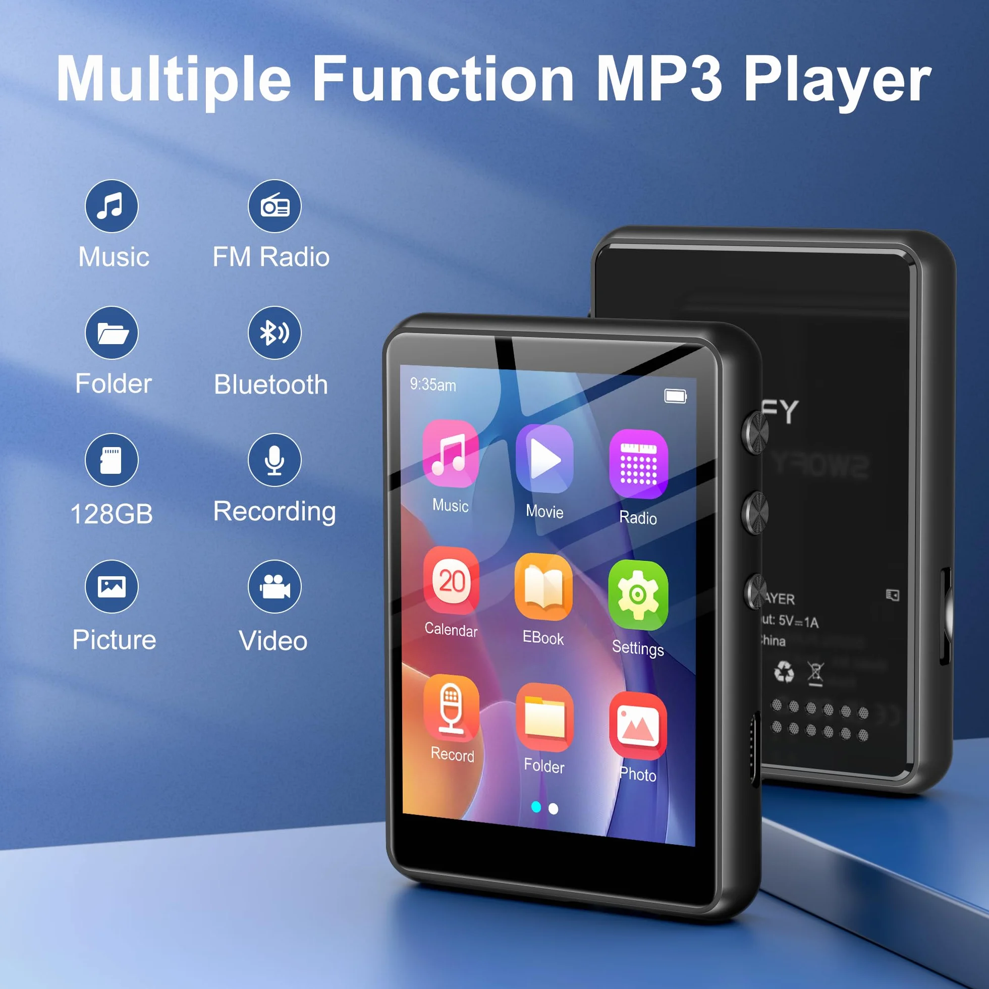 SWOFY Lecteur MP3 Bluetooth 5.3 128Go Écran Tactile 2,4 Pouces Mini Lecteur de Musique Noir