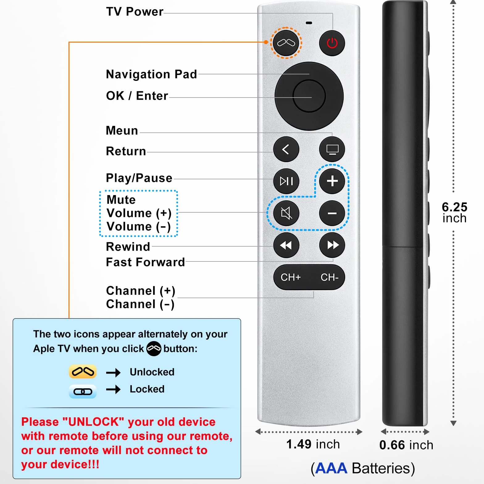 Telecommande-pour-Apple-4K-TV-Remote, Télécommande pour Apple TV 4K/HD (NO Voice & Siri)