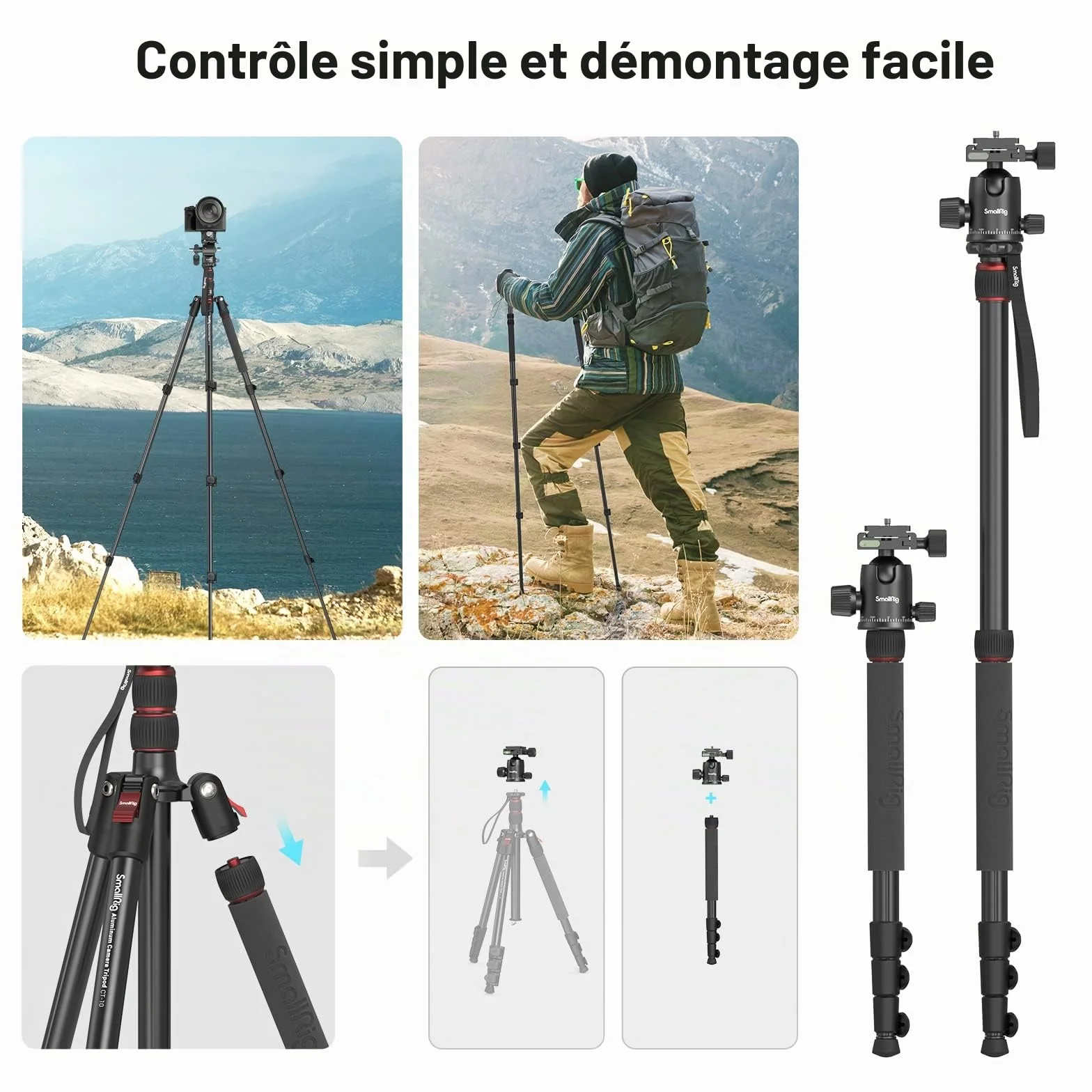 SMALLRIG Trépied Monopode pour Appareil Photo, 72" 182cm Trépied en Aluminium Léger et Portable, Rotule Panoramique à 360° Plaque à Dégagement Rapide, Charge Max 15kg, Réglable de 17" à 72" - 3935