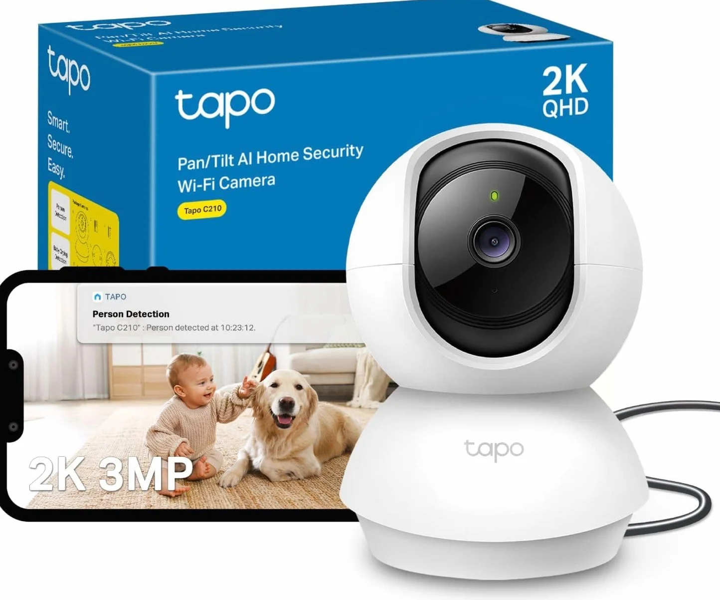 Tapo C210 Caméra WiFi Intérieure 2K 3MP, Rotation 360°, Détection de Personne, Vision Nocturne, Audio Bidirectionnel, Stockage CloudµSD 512 Go, Alexa