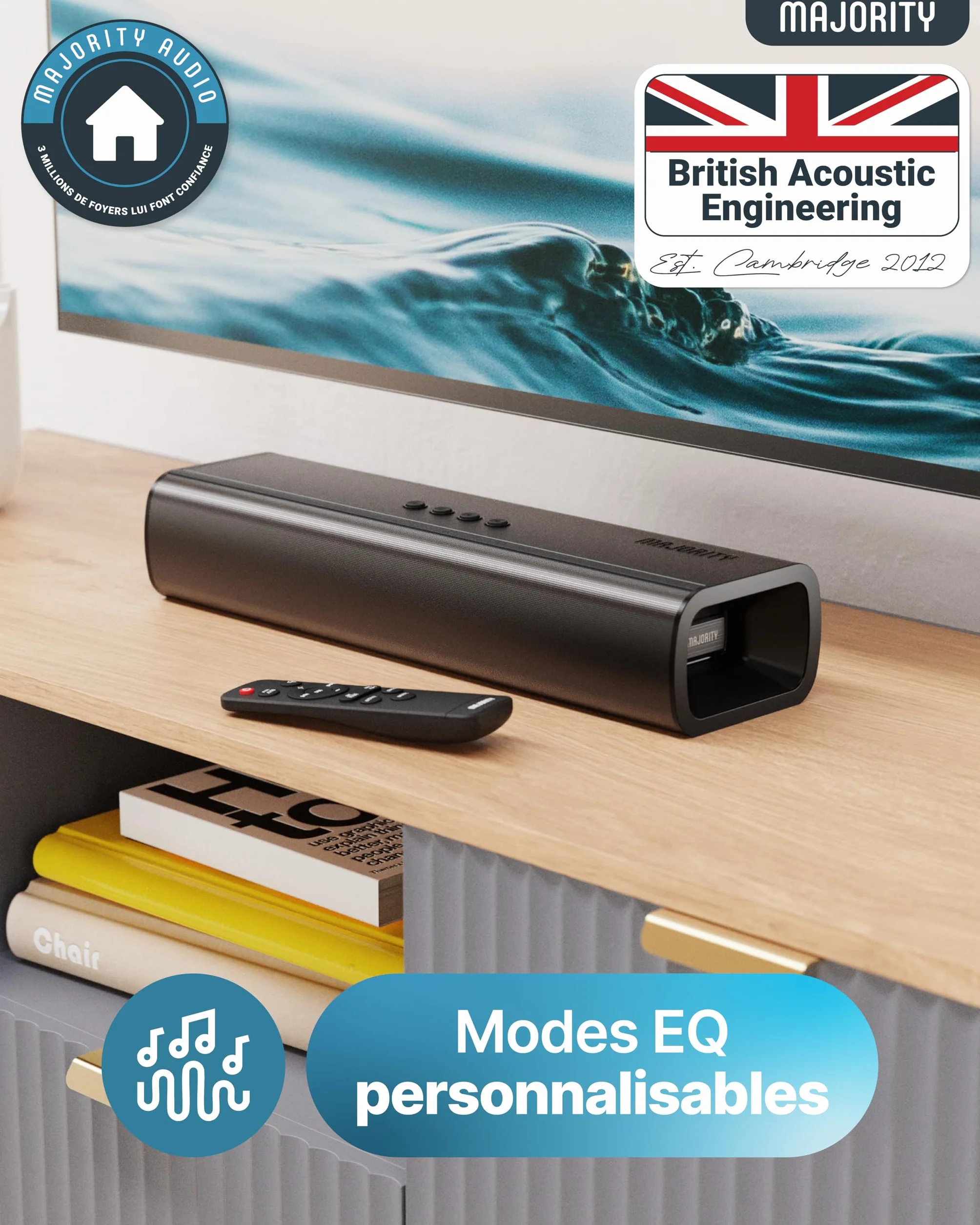 Majority Naga Barre de Son TV Bluetooth 80W 2.0 Enceinte Soundbar HDMI Arc AUX Optique