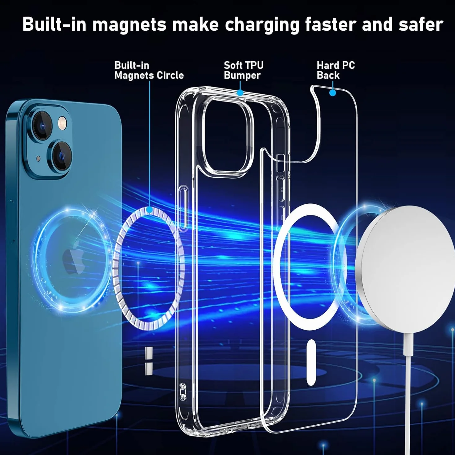 Coque iPhone 13 Aimantée MagSafe Antichoc TPU 6,1'' Transparent avec 2 Verres Trempés