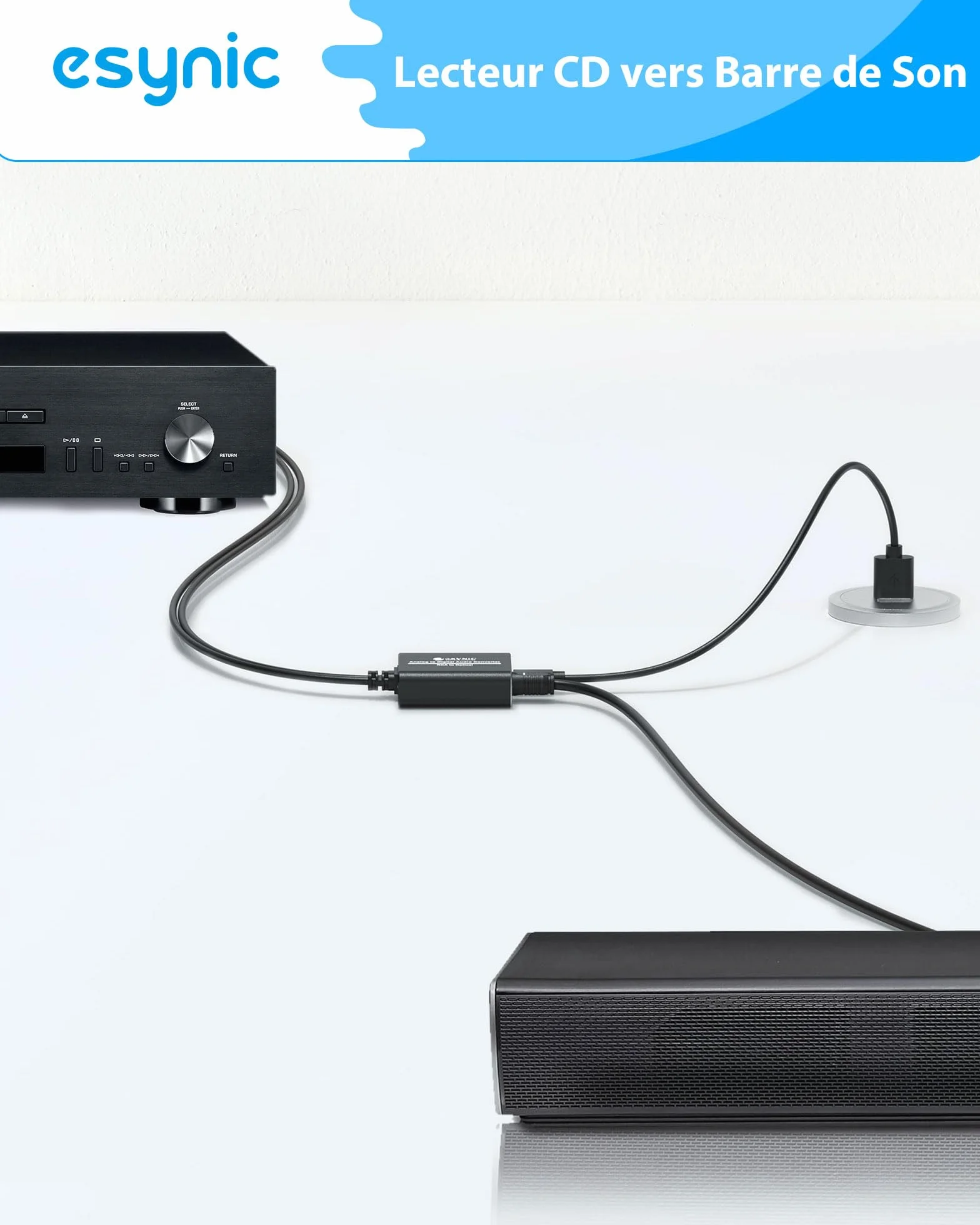 eSynic Convertisseur RCA vers SPDIF RCA vers Optique 48KHz Alliage Aluminium Câble Intégré de 1,1m Convertisseur Audio Analogique-numérique pour Platine CD DVD vers Soundbar