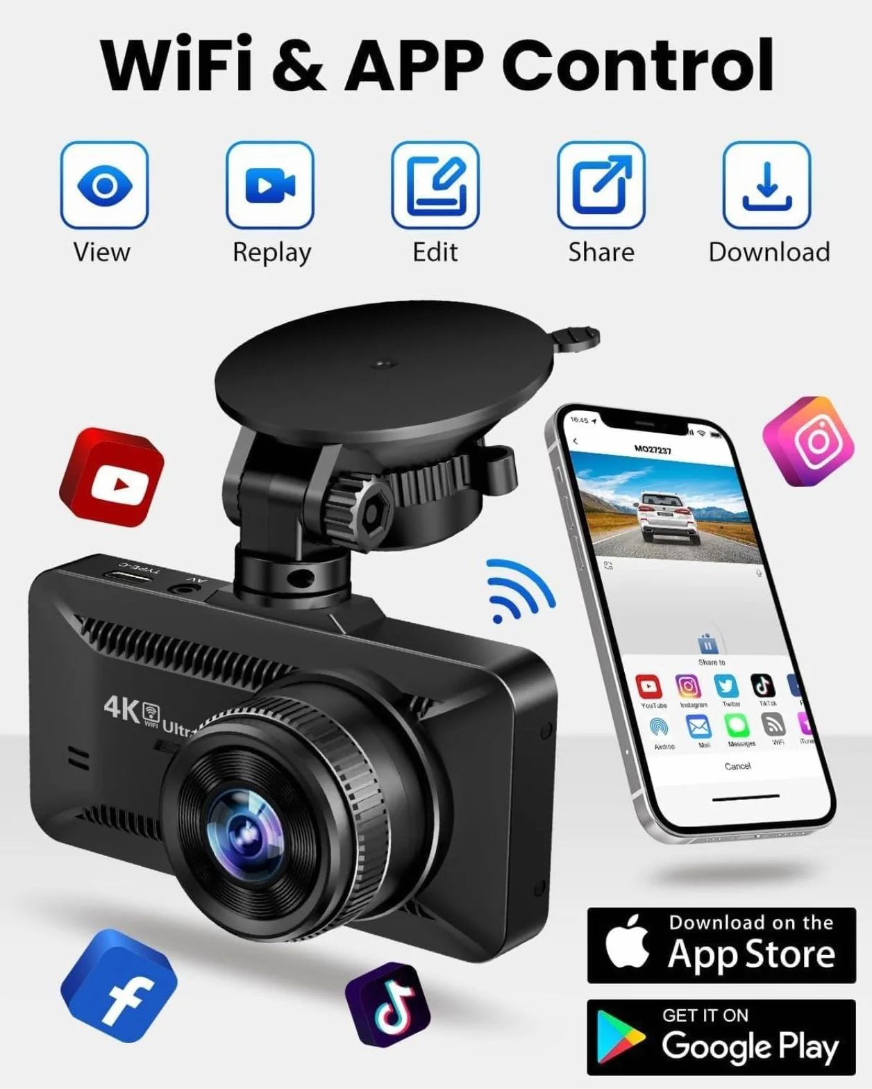 Oryzom Dashcam 4K Pro Enregistrement Ultra HD caméras Avant/arrière Capteur G WDR Vision Nocturne Surveillance 24h/24 1080P 32Go