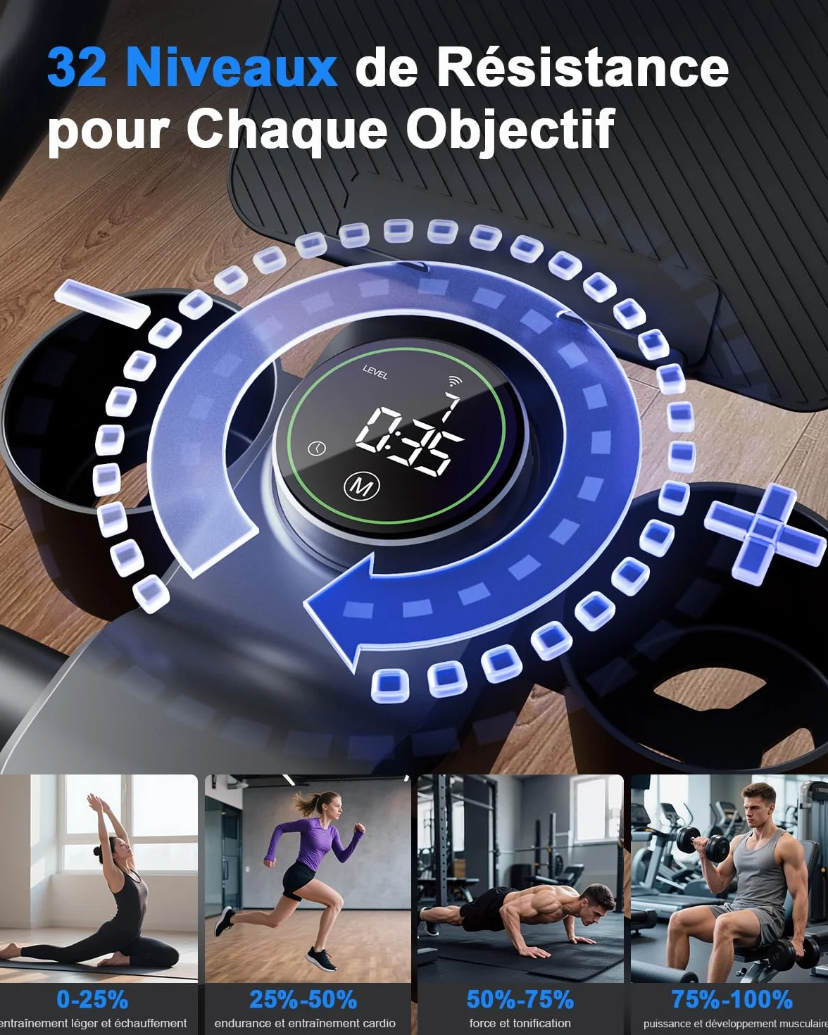 Vélo d'Appartement avec Écran LCD et Application, Résistance Magnétique Réglable, 136 kg