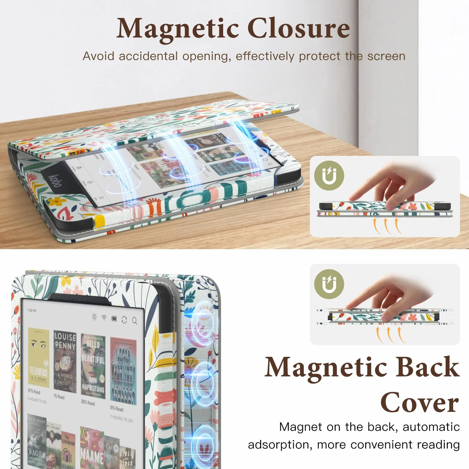 MoKo Étui pour Tolino Shine Color/Shine 5(2024)/4(2022) et Kobo Clara Colour/BW/2E 6", Coque Fine en PU avec Mise en Veille/Réveil Auto, Emplacement pour Carte, Dragonne et Support Pliable, Fleur