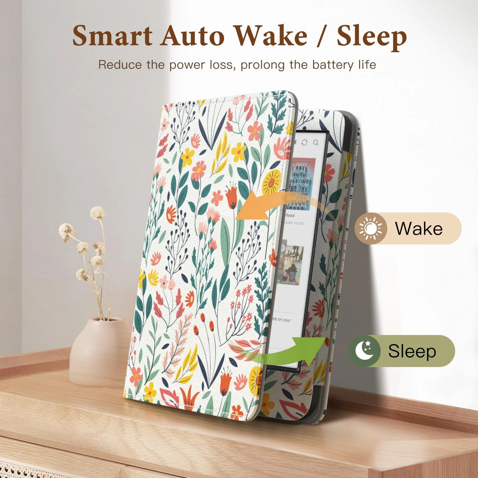 MoKo Étui pour Tolino Shine Color/Shine 5(2024)/4(2022) et Kobo Clara Colour/BW/2E 6", Coque Fine en PU avec Mise en Veille/Réveil Auto, Emplacement pour Carte, Dragonne et Support Pliable, Fleur